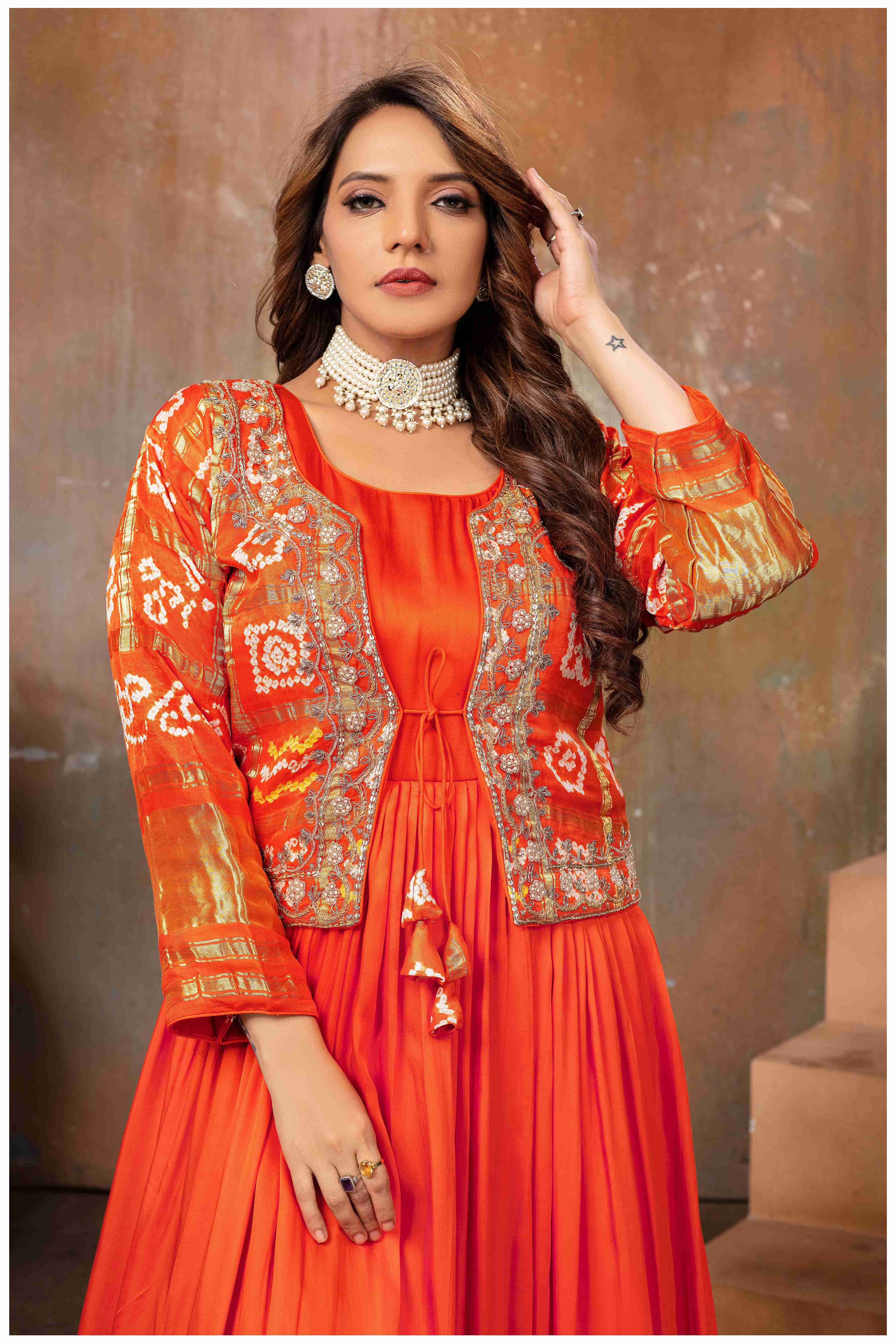 Ethereal Elegance in Rust with a Touch of Royal bandhej jacket