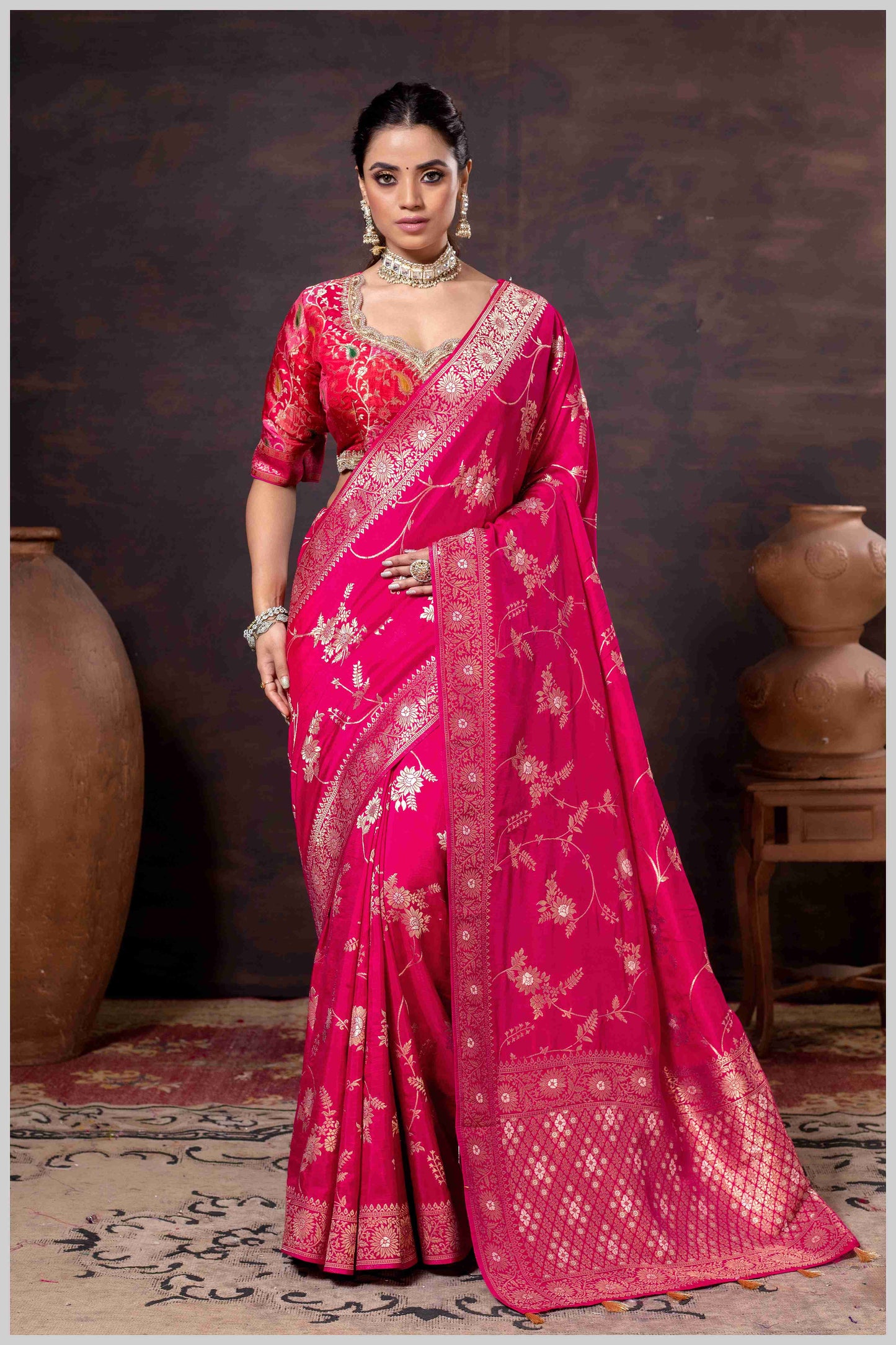 Elegant Pink Banarasi Silk Saree with Floral Zari Weaving & Designer Blouse