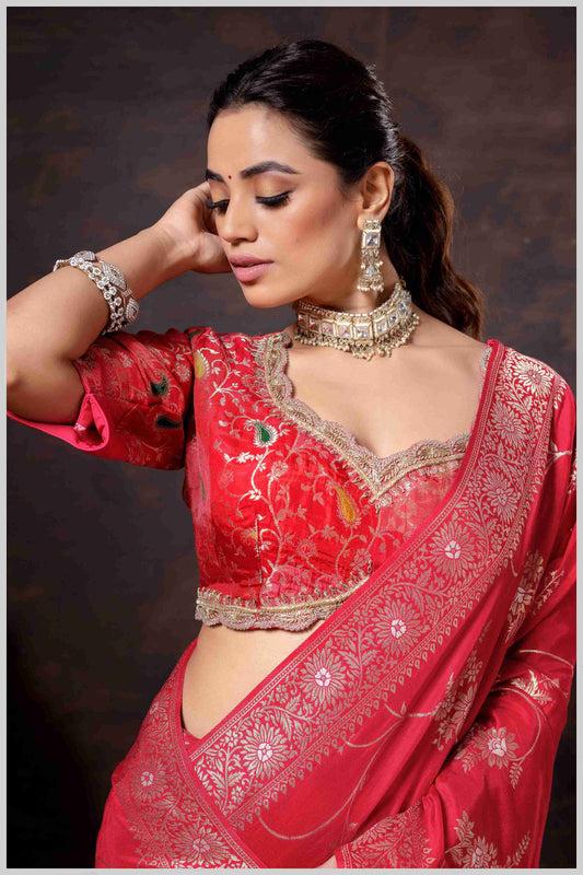 Elegant Red Banarasi Silk Saree with Floral Zari Weaving & Designer Blouse
