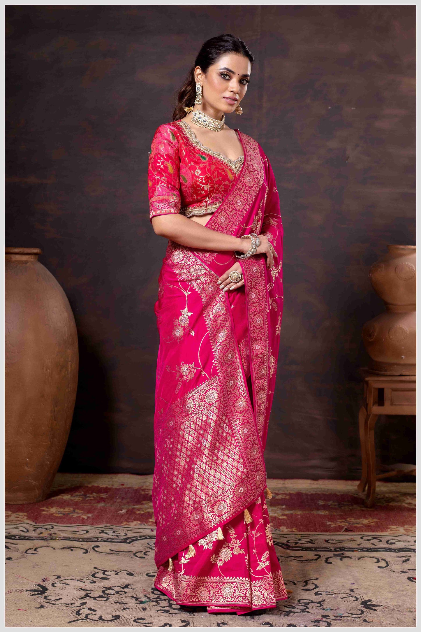 Elegant Pink Banarasi Silk Saree with Floral Zari Weaving & Designer Blouse