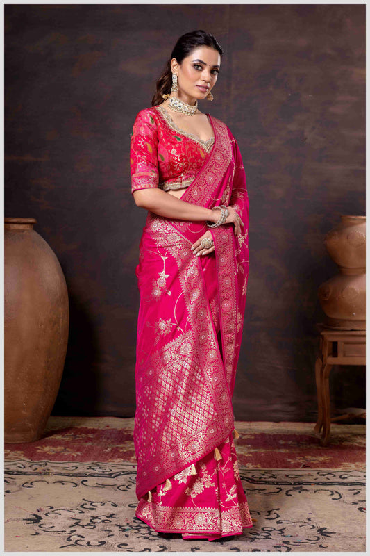 Elegant Pink Banarasi Silk Saree with Floral Zari Weaving & Designer Blouse