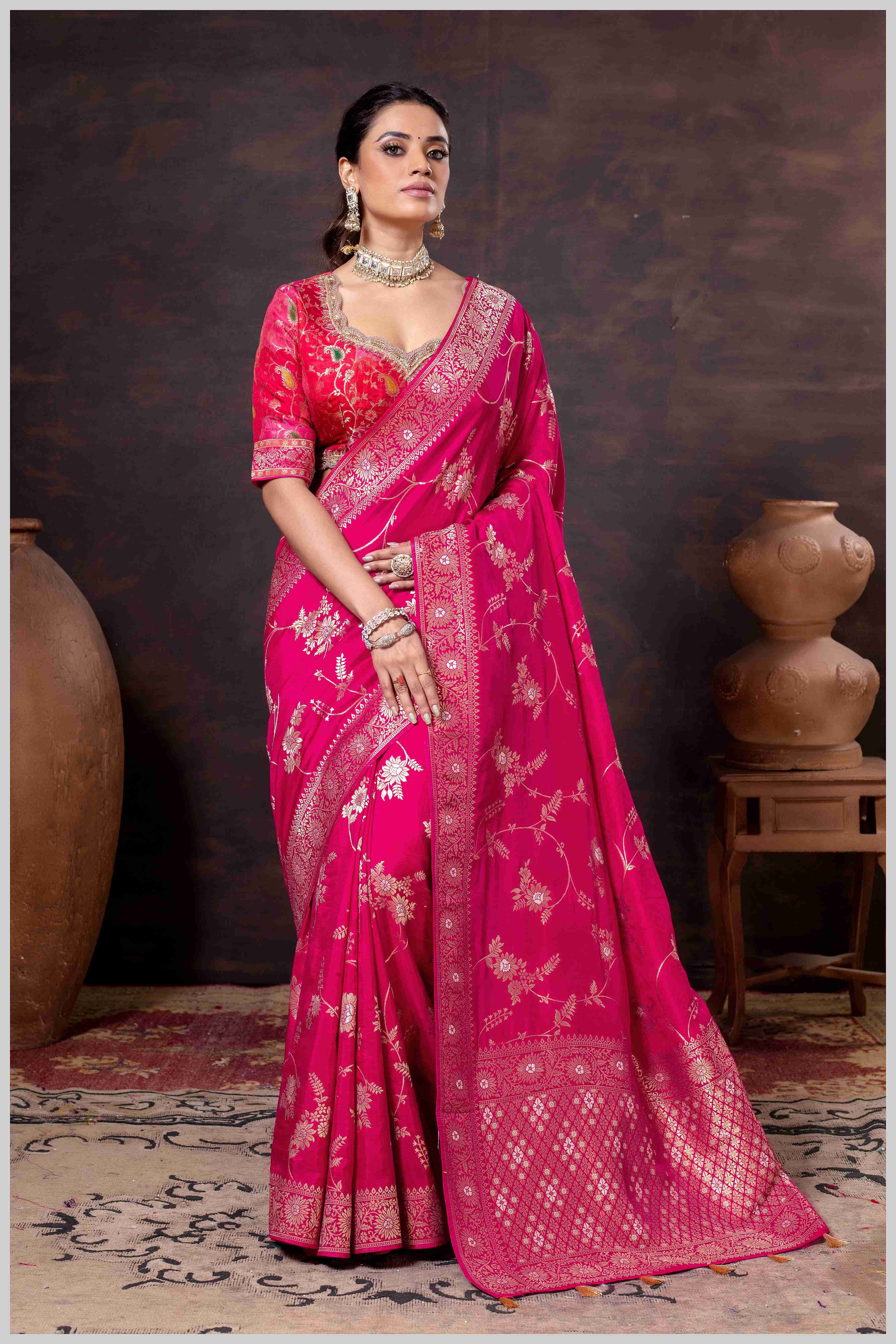 Elegant Pink Banarasi Silk Saree with Floral Zari Weaving & Designer Blouse
