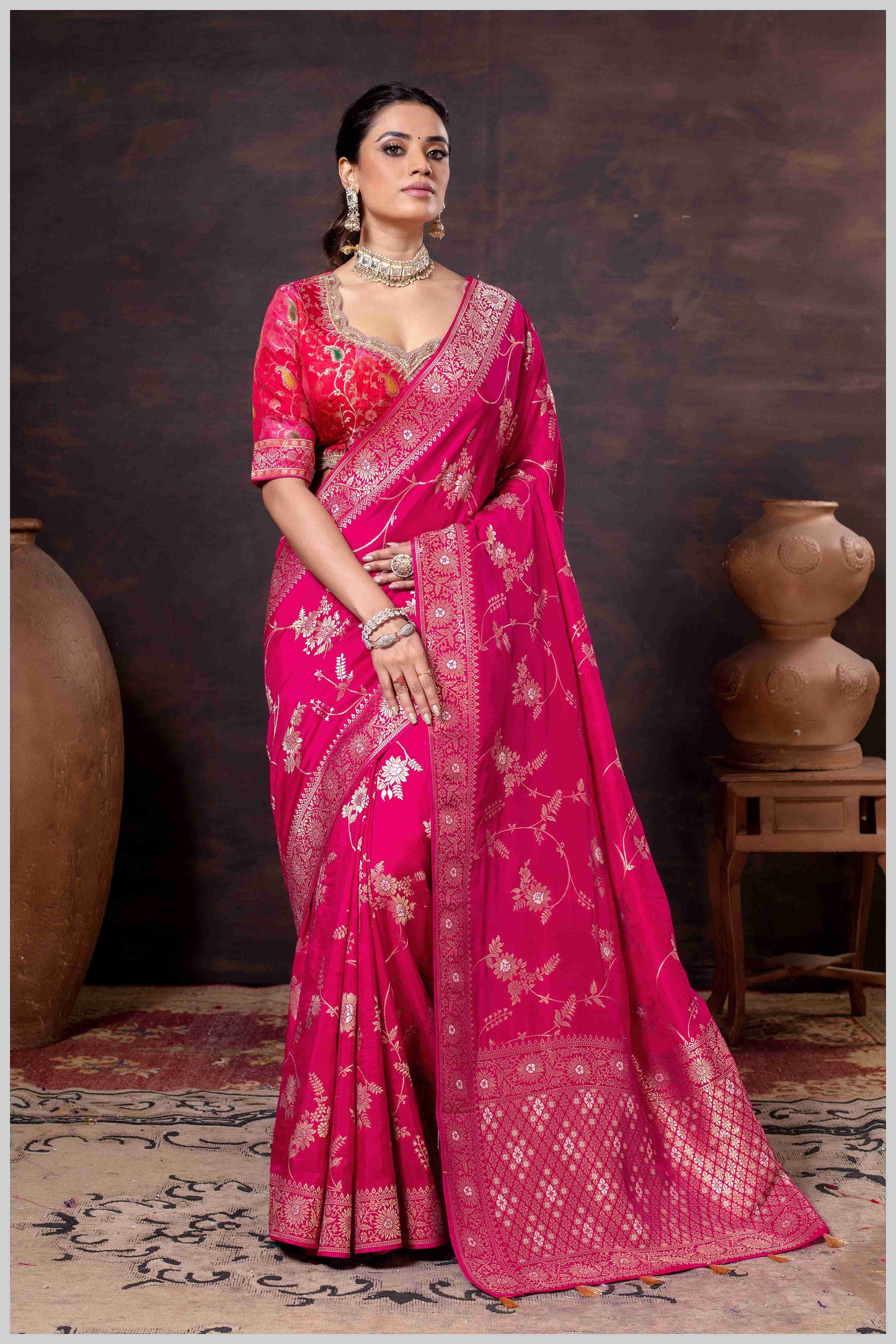 Elegant Pink Banarasi Silk Saree with Floral Zari Weaving & Designer Blouse