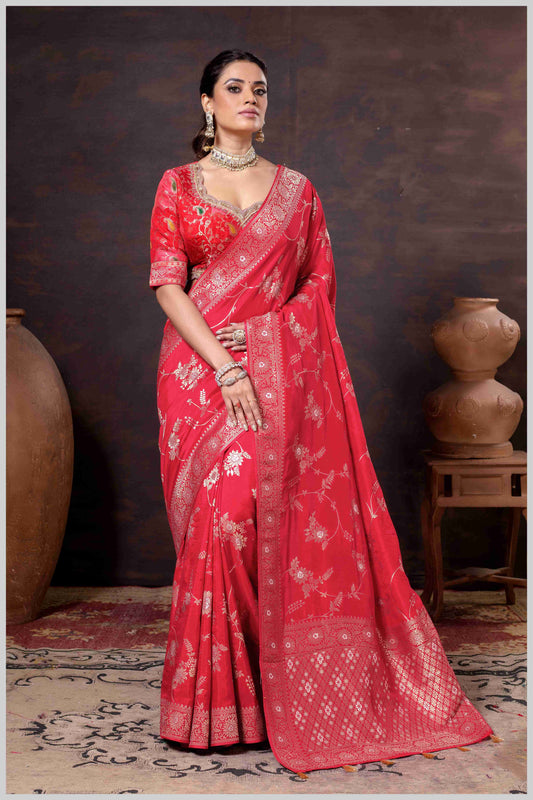 Elegant Red Banarasi Silk Saree with Floral Zari Weaving & Designer Blouse
