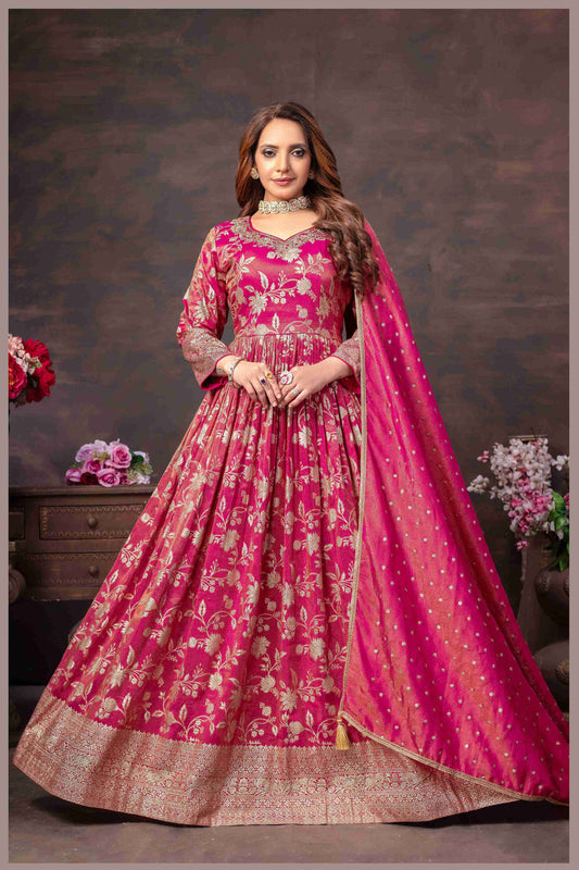 Elegant Deep Pink Anarkali with  Designer Dupatta
