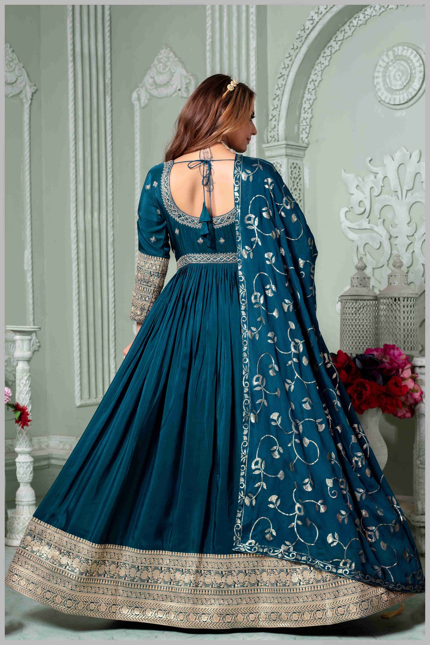 Teal Blue Chinon/Daman Gazi Anarkali Gown with Hand Embroidery