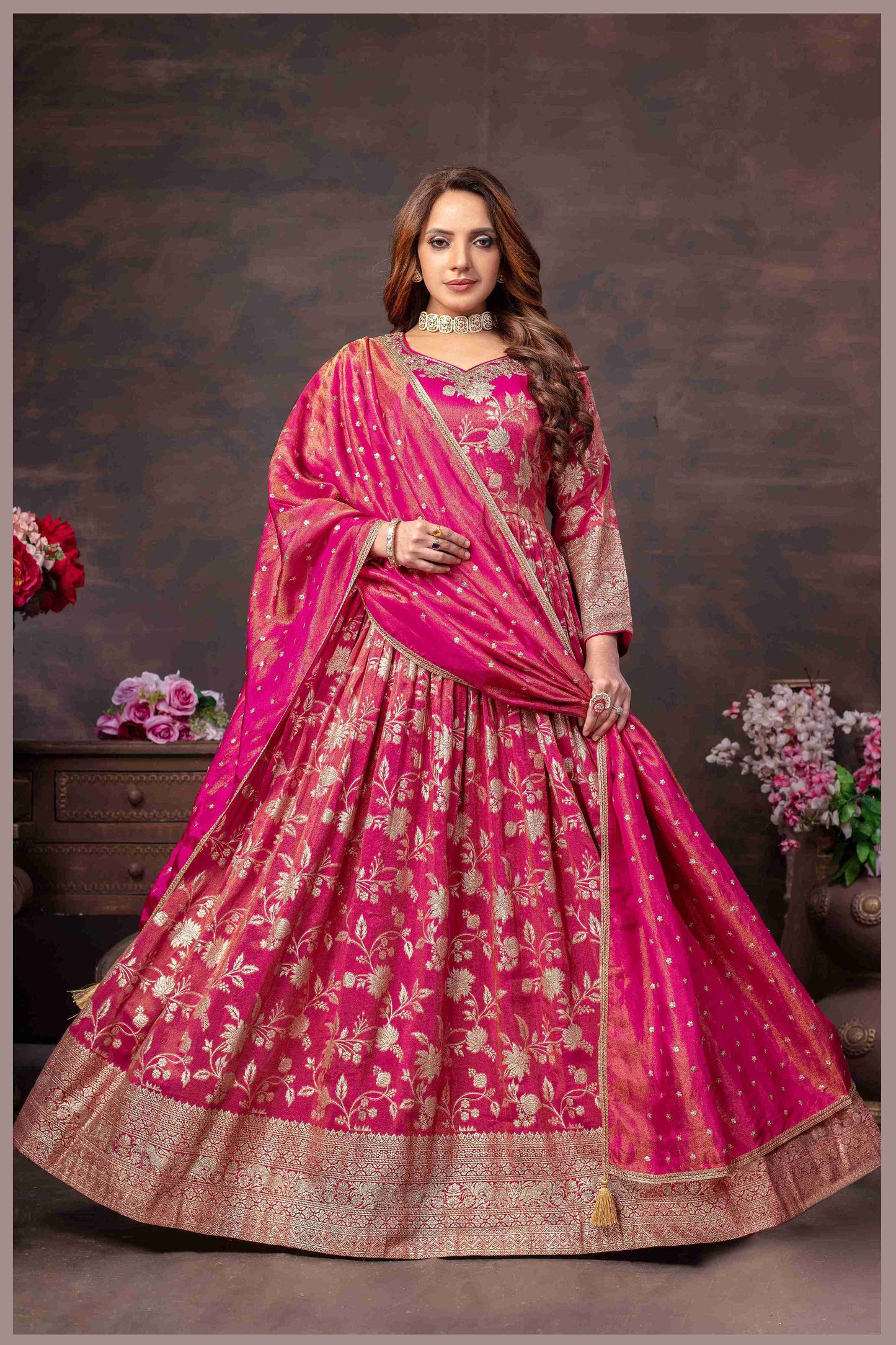 Elegant Deep Pink Anarkali with  Designer Dupatta