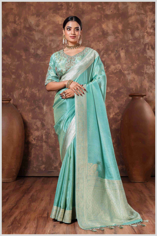 Zari Elegance in Dusty Blue Majesty Tissue Saree With Blouse.