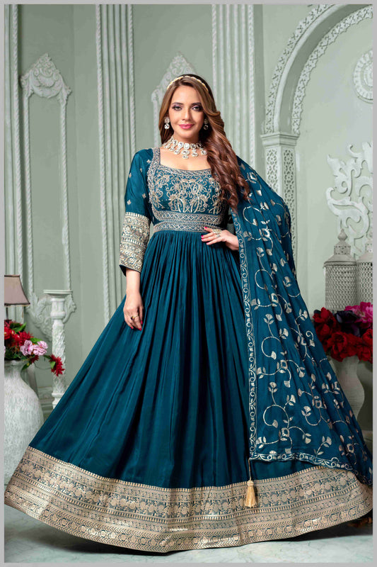 Teal Blue Chinon/Daman Gazi Anarkali Gown with Hand Embroidery