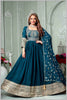 Teal Blue Chinon/Daman Gazi Anarkali Gown with Hand Embroidery