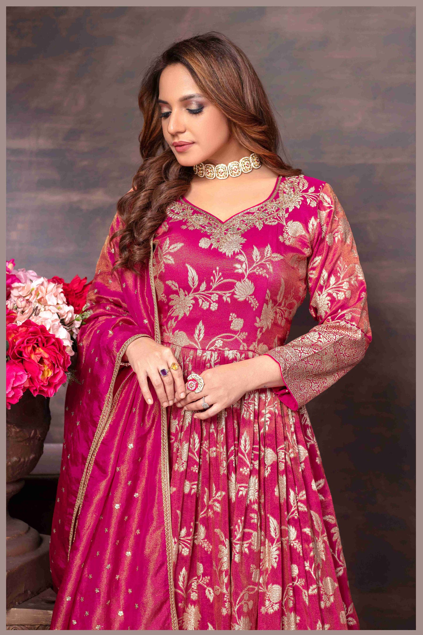 Elegant Deep Pink Anarkali with  Designer Dupatta