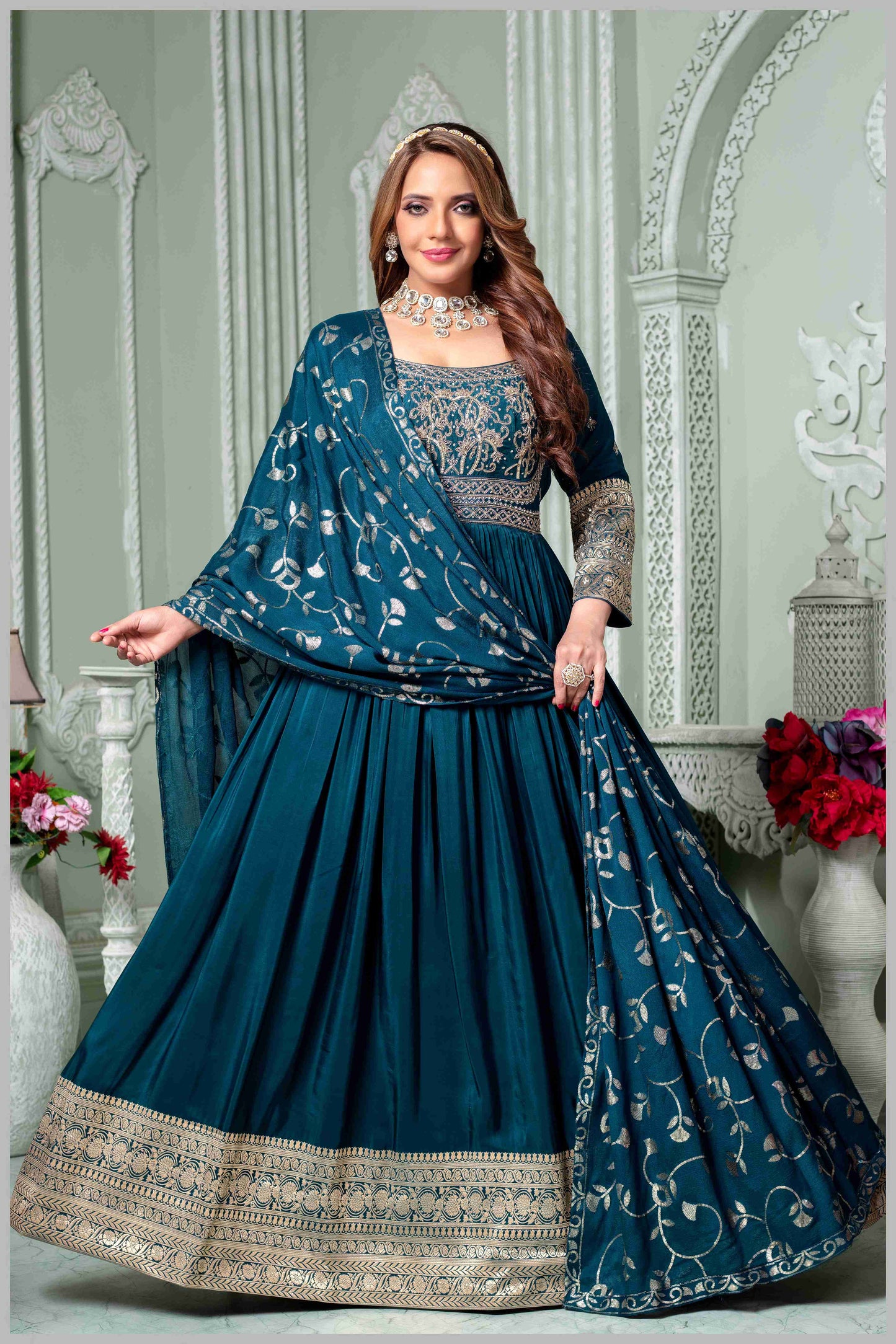 Teal Blue Chinon/Daman Gazi Anarkali Gown with Hand Embroidery