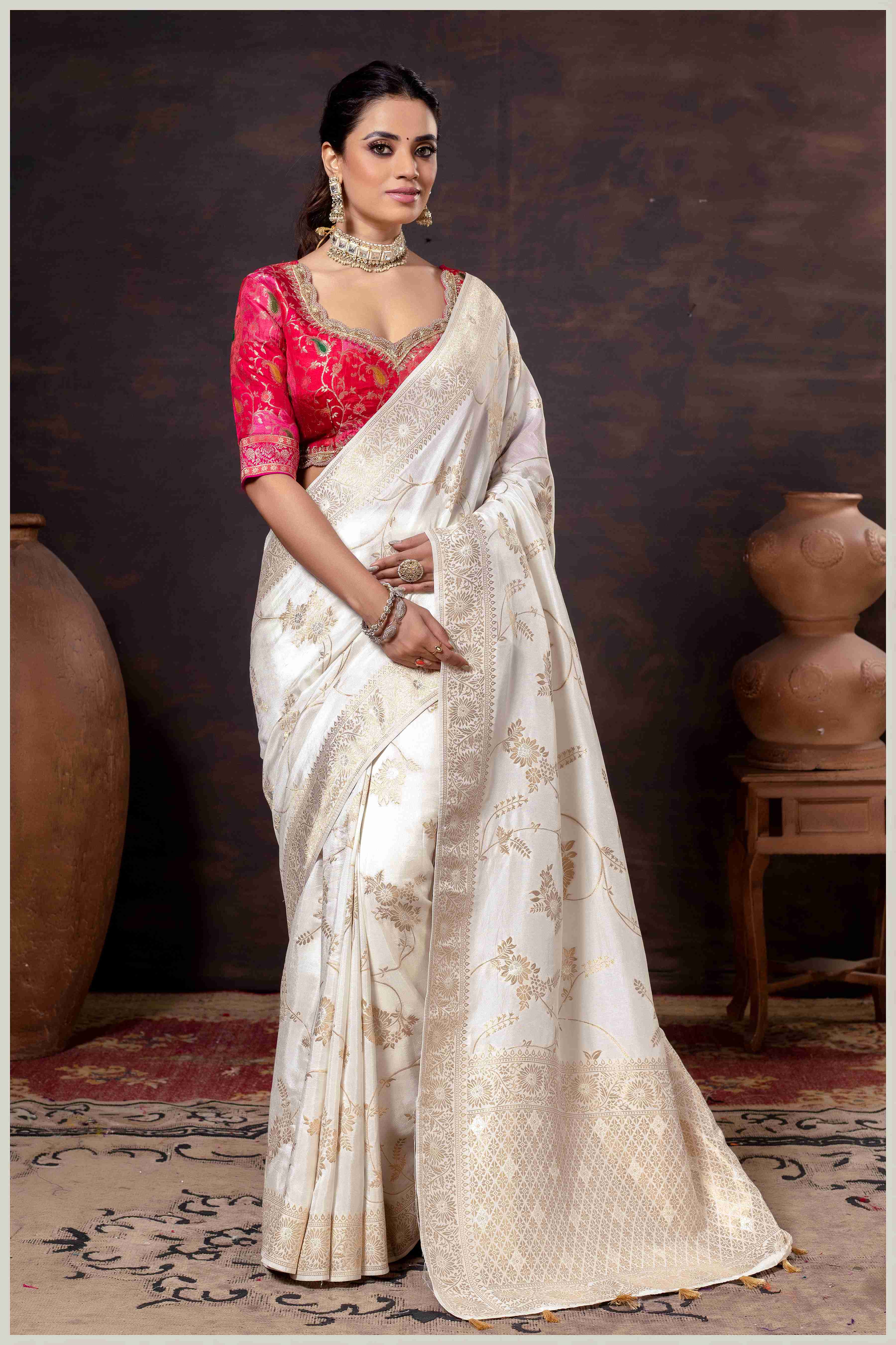 Elegant off-white Banarasi Silk Saree with Floral Zari Weaving & Designer Blouse