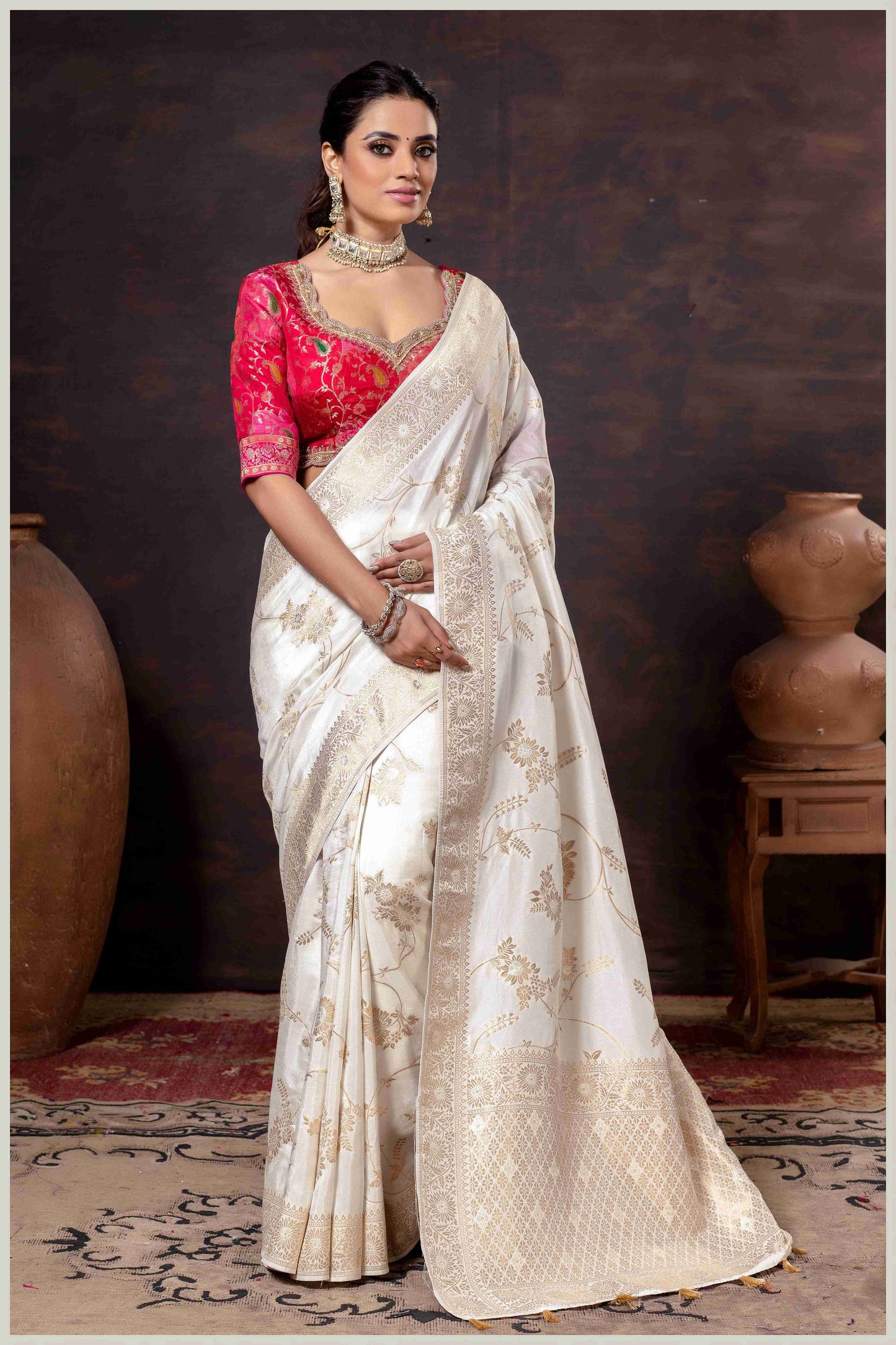 Elegant off-white Banarasi Silk Saree with Floral Zari Weaving & Designer Blouse