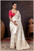 Elegant off-white Banarasi Silk Saree with Floral Zari Weaving & Designer Blouse