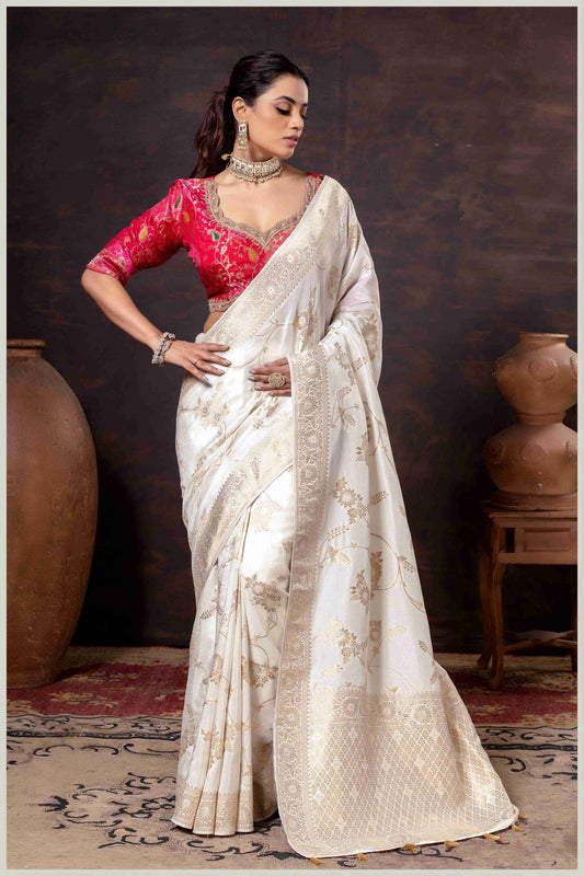 Elegant off-white Banarasi Silk Saree with Floral Zari Weaving & Designer Blouse