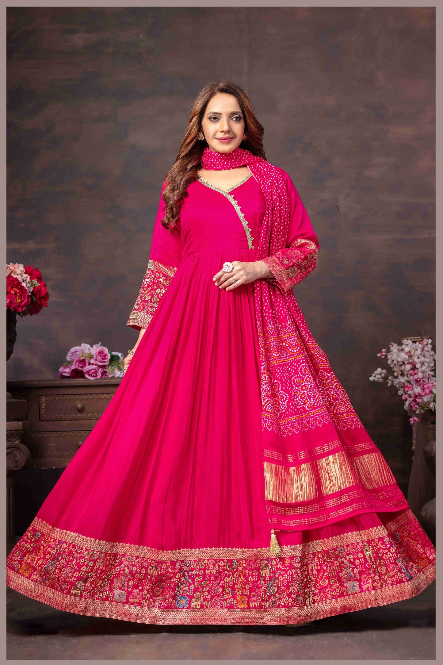 Pink Anarkali Gown with Traditional Bandhej Dupatta