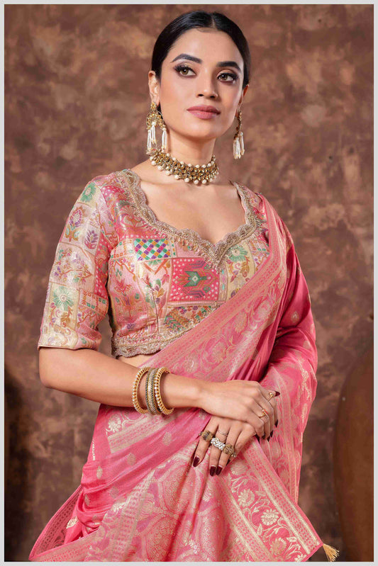 Peach Banarasi Saree with Intricate Zari Weaving