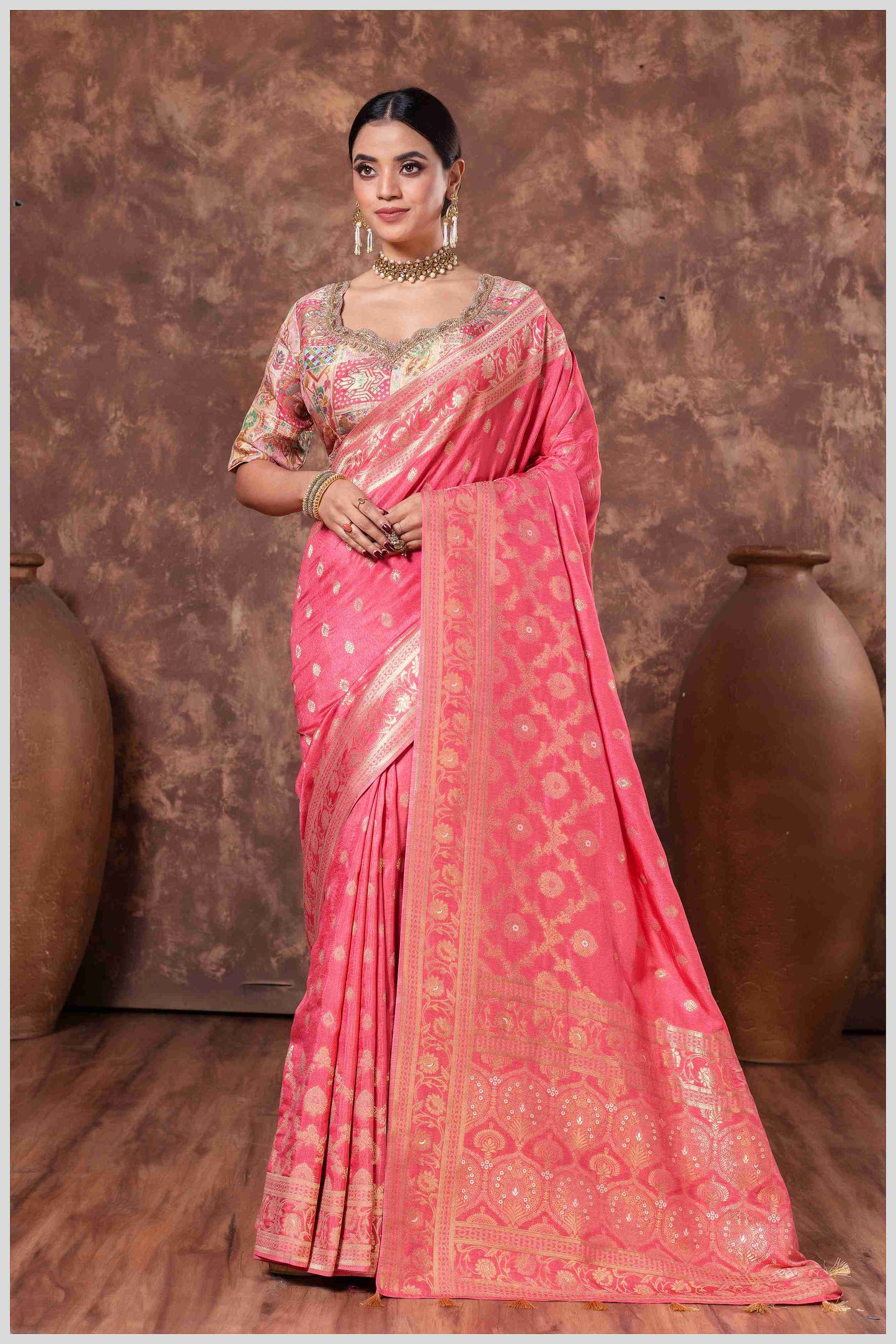 Peach Banarasi Saree with Intricate Zari Weaving