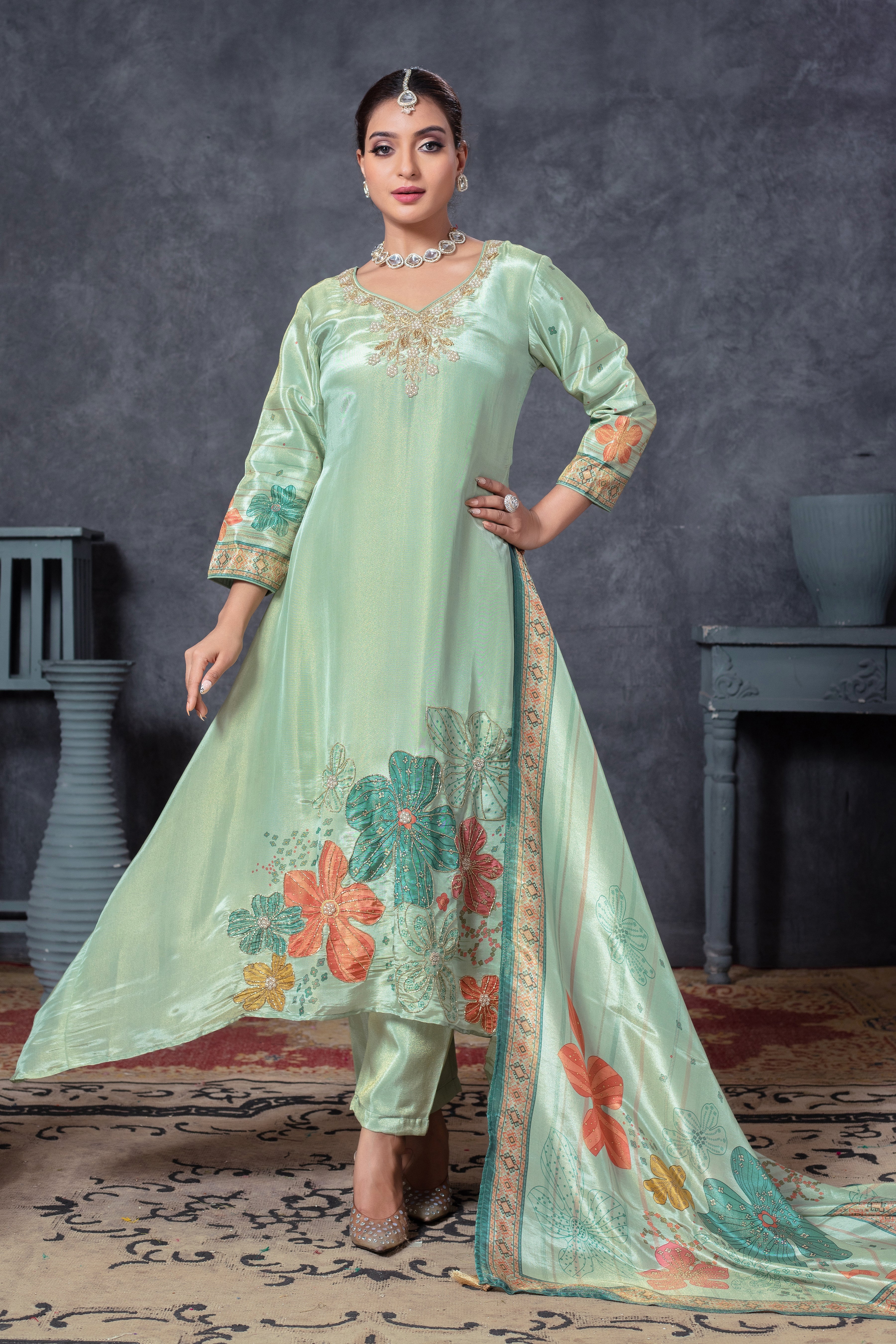 Champagne Gold Floral Embroidered Kurta Set with Printed Dupatta