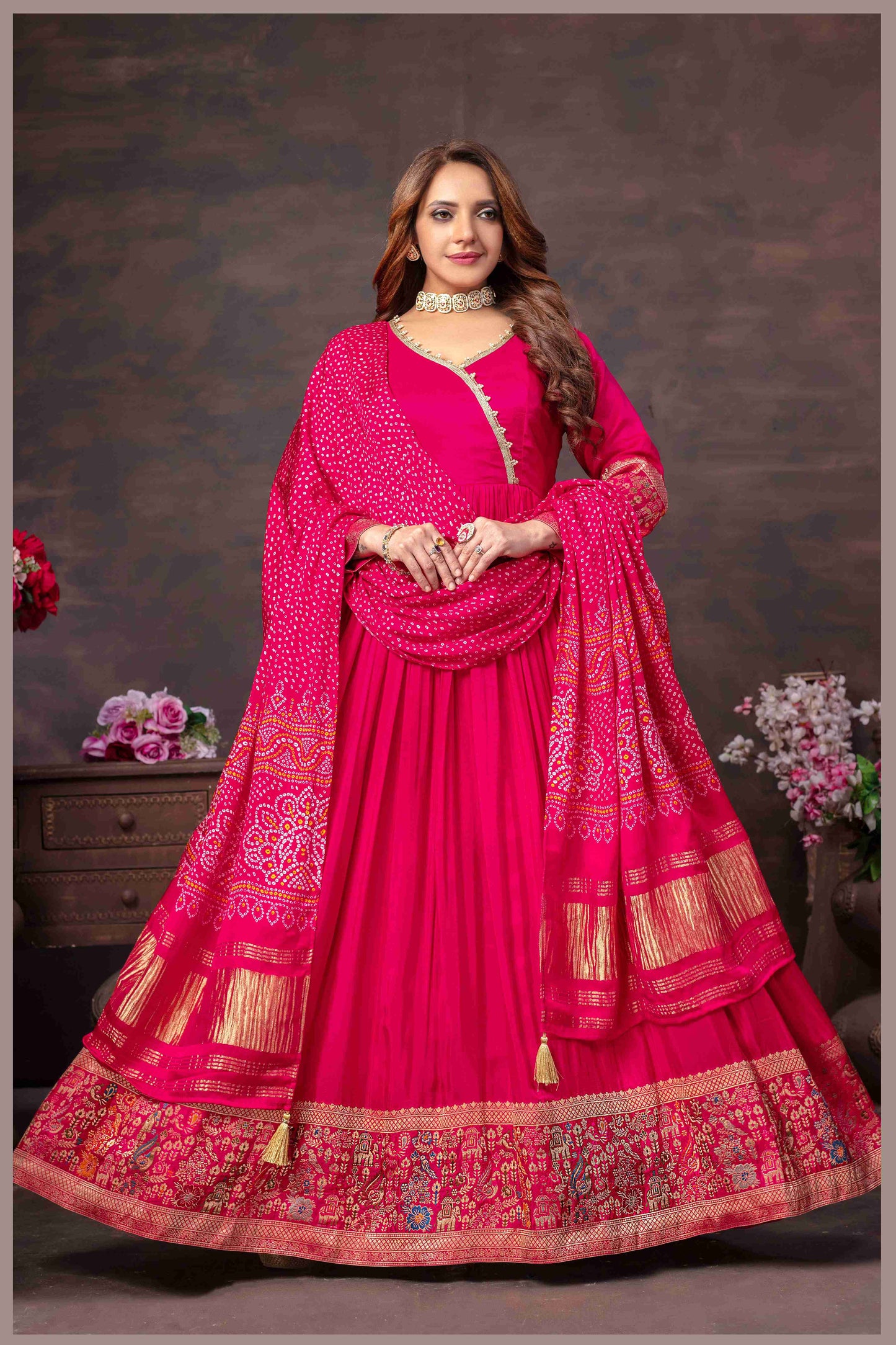 Pink Anarkali Gown with Traditional Bandhej Dupatta