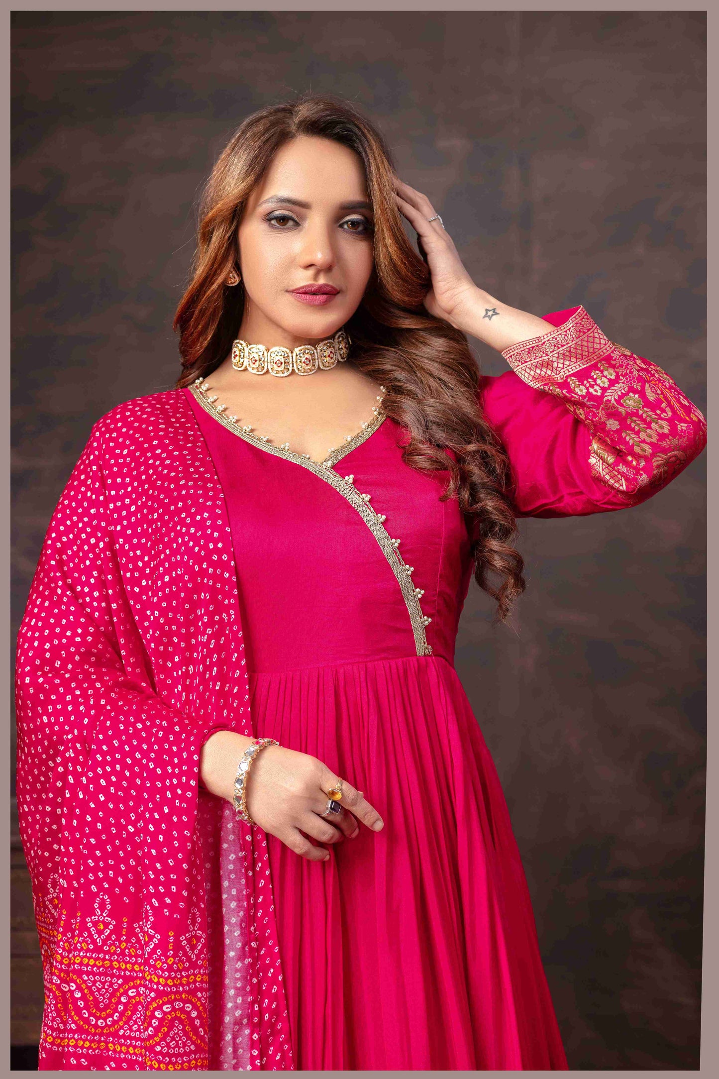 Pink Anarkali Gown with Traditional Bandhej Dupatta