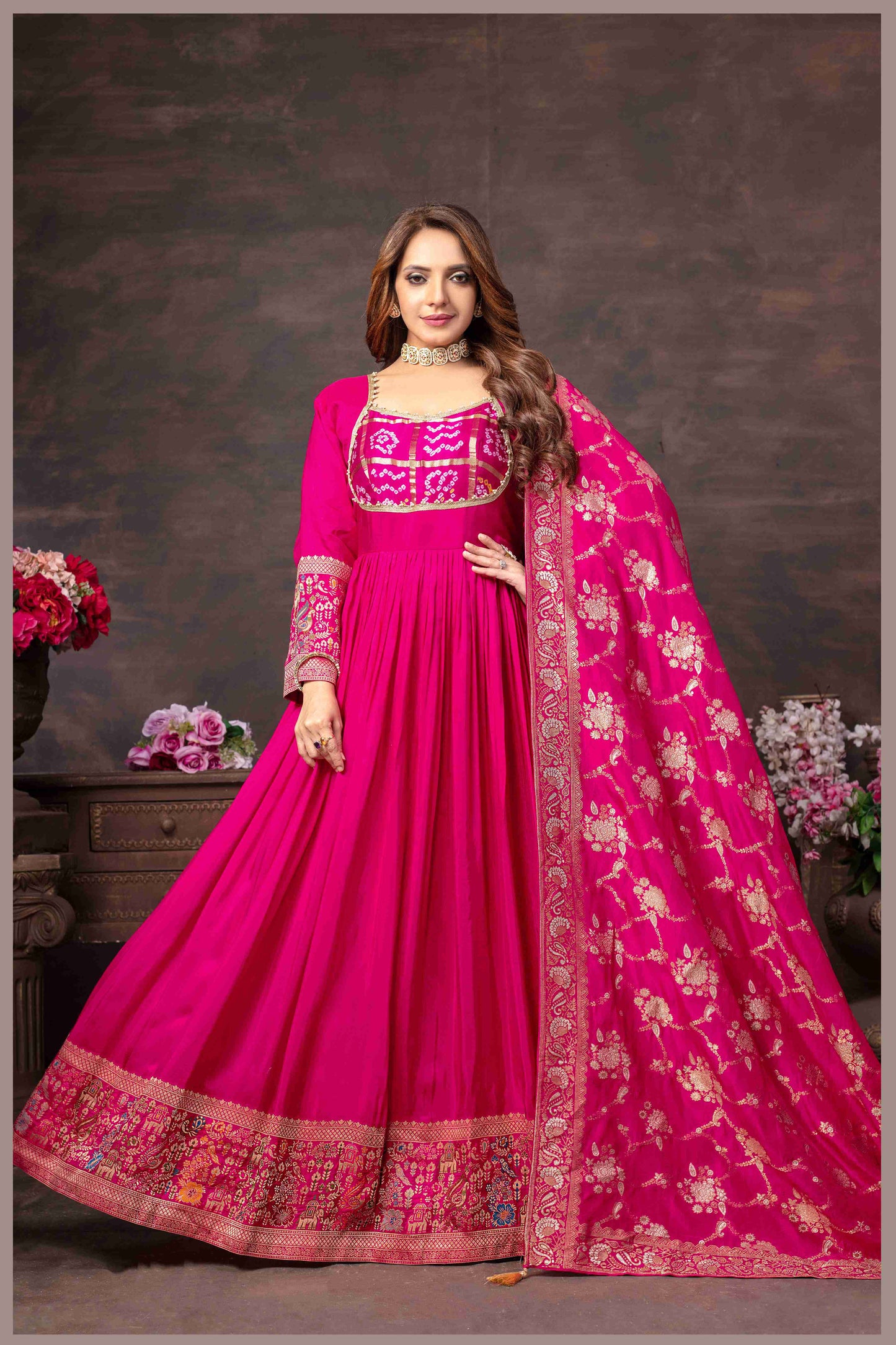 Rani Pink Anarkali Gown with Heavy Dupatta