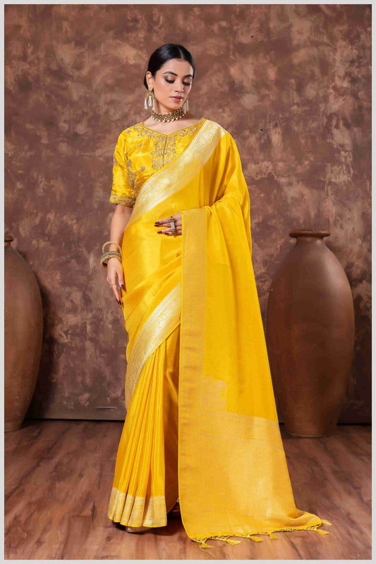 Zari Elegance in Mustard Tissue Saree With Work Blouse.