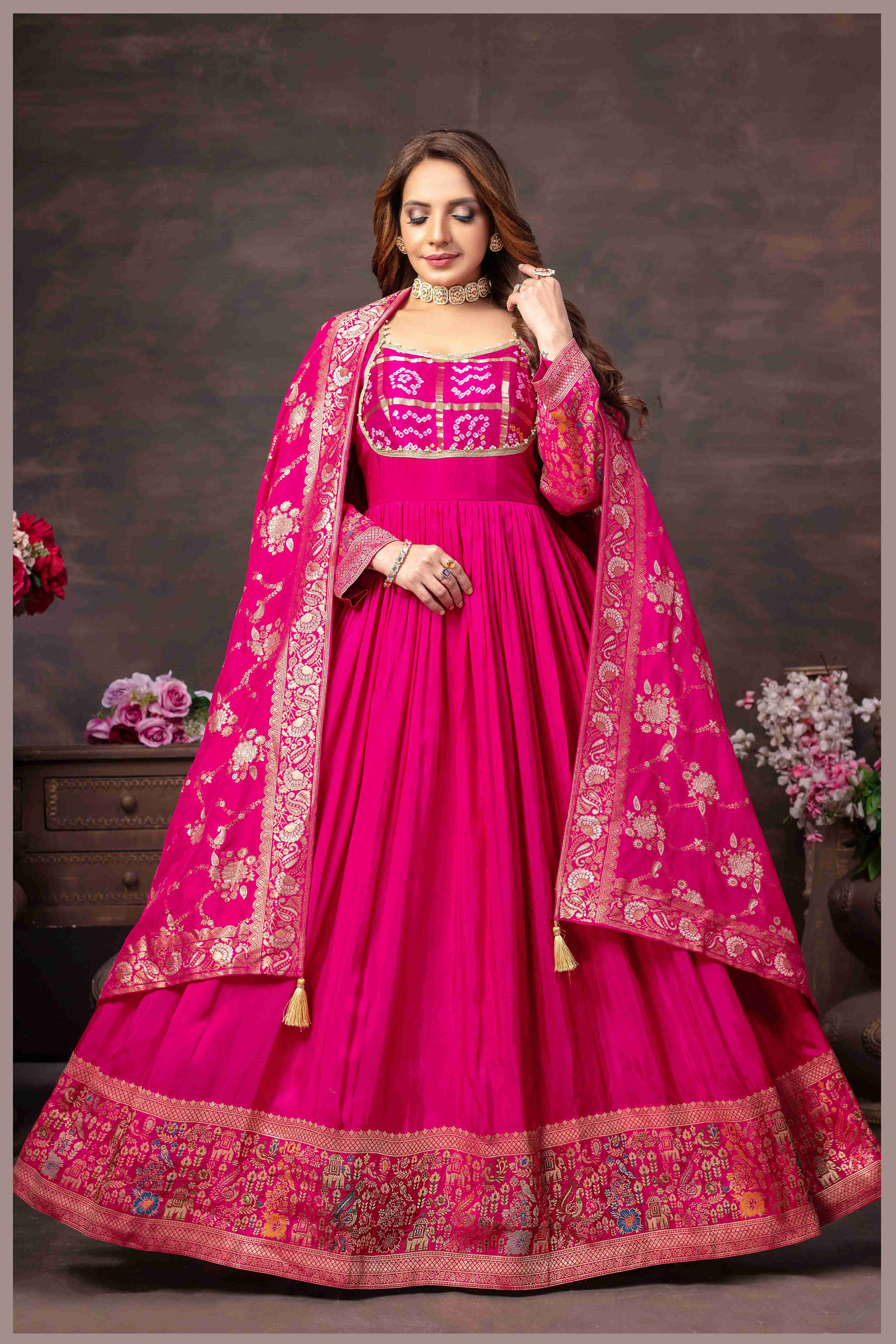 Rani Pink Anarkali Gown with Heavy Dupatta
