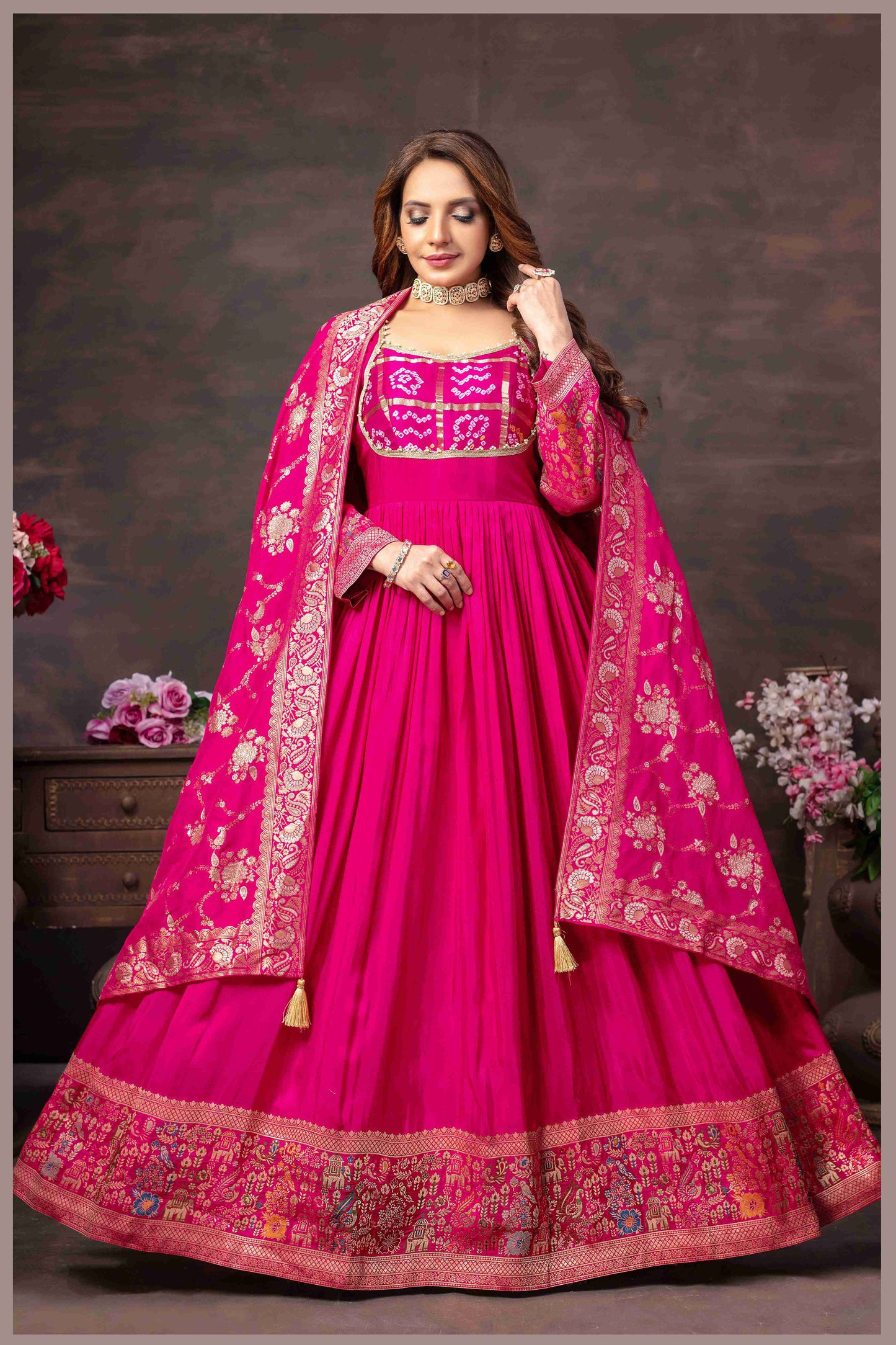 Rani Pink Anarkali Gown with Heavy Dupatta