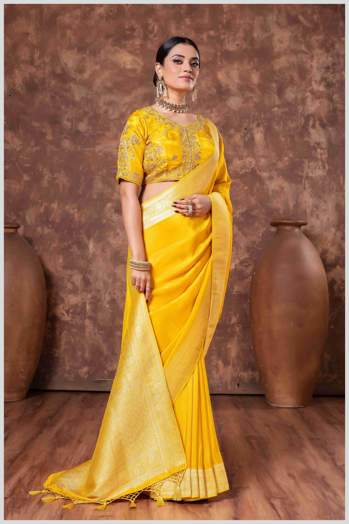 Zari Elegance in Mustard Tissue Saree With Work Blouse.