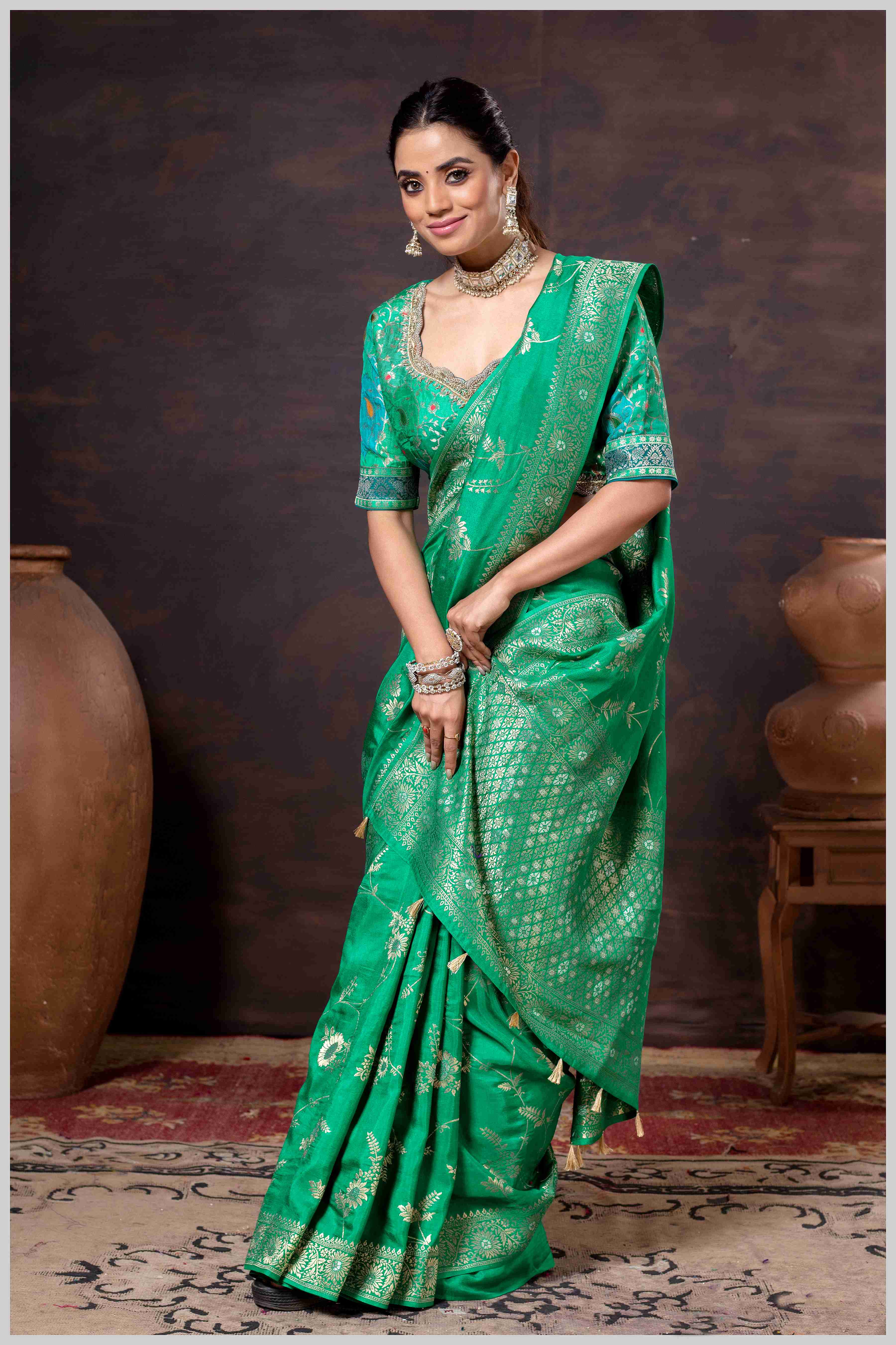 Elegant Green Banarasi Silk Saree with Floral Zari Weaving & Designer Blouse