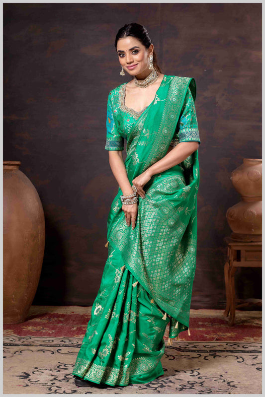 Elegant Green Banarasi Silk Saree with Floral Zari Weaving & Designer Blouse