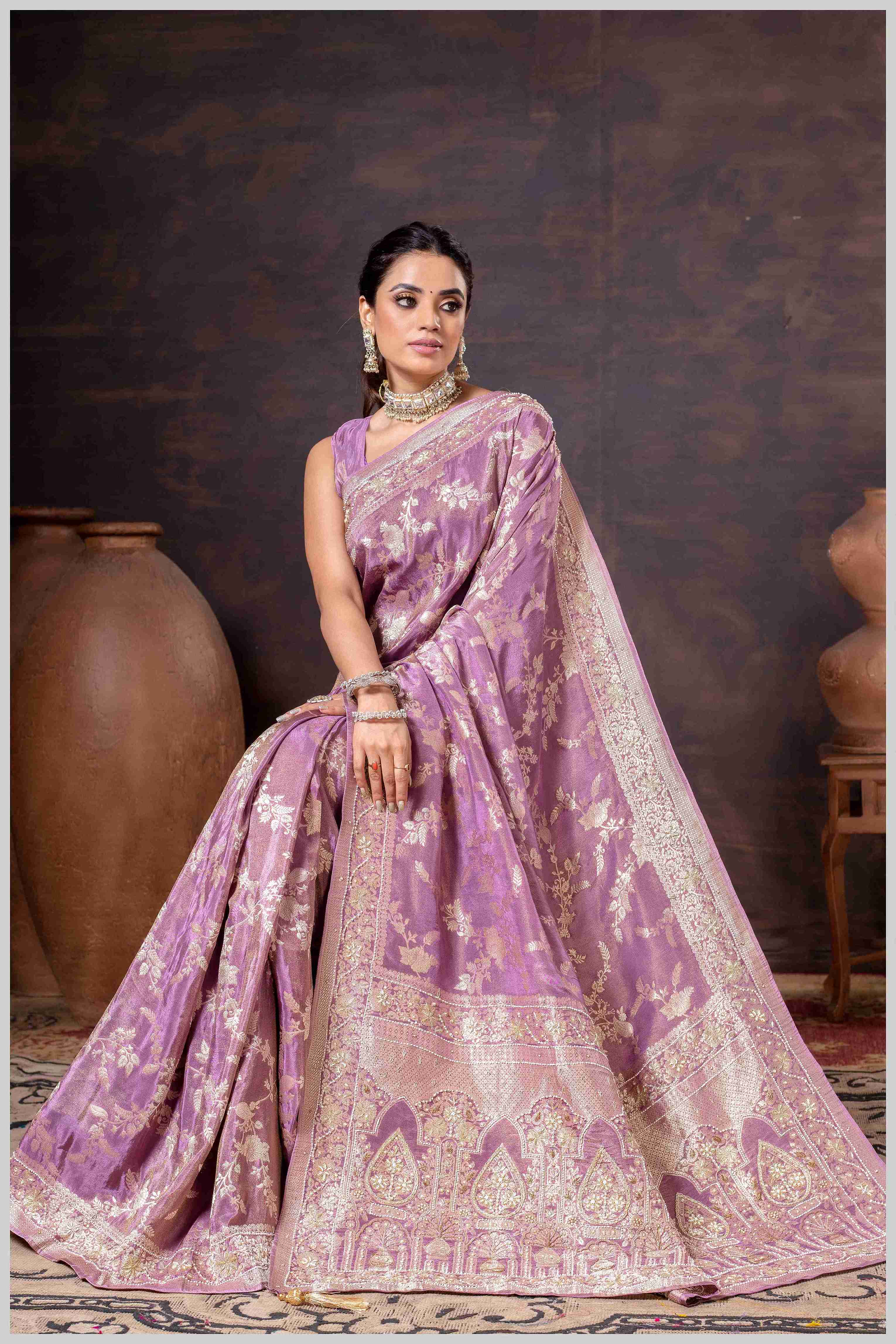 Grace in Bloom: Lavender Tissue Saree with Woven Floral Vines