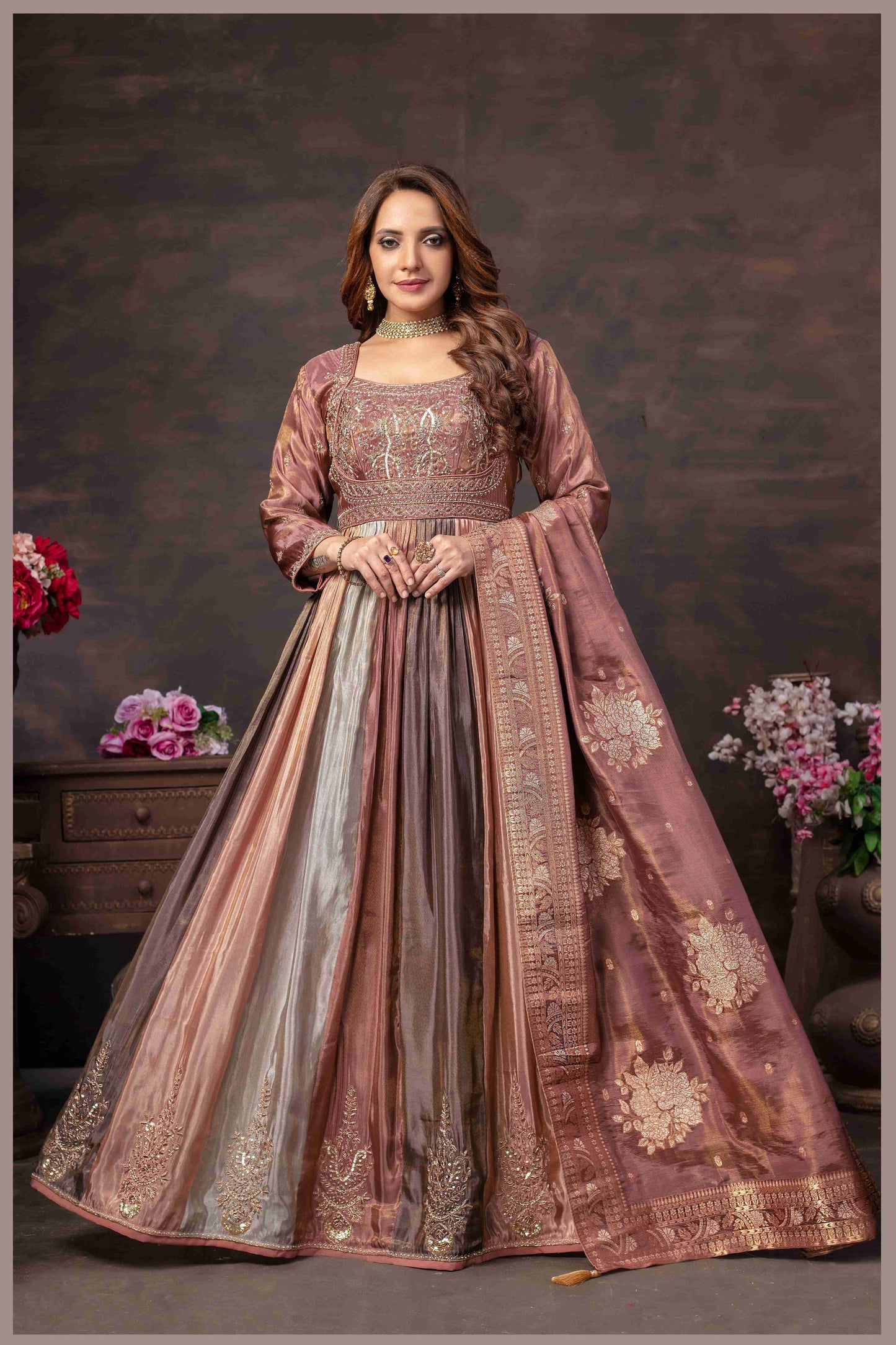 Multitone Mauve Ombre Anarkali with Zari Dupatta