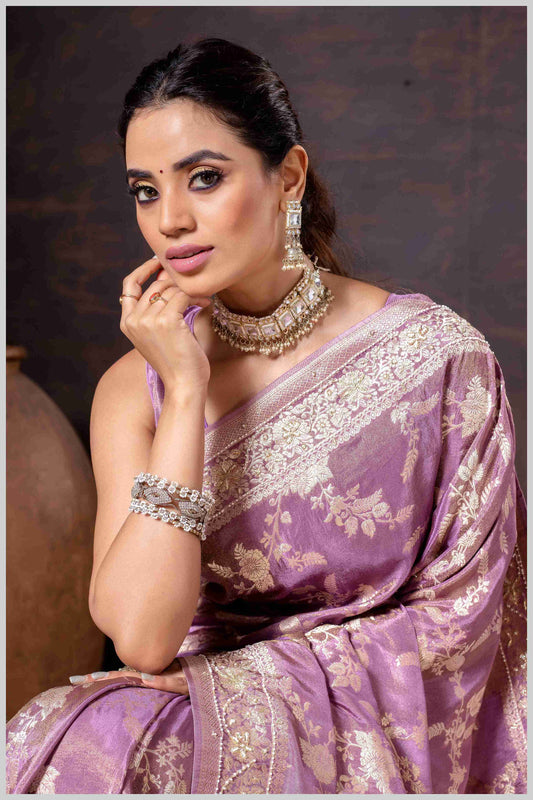 Grace in Bloom: Lavender Tissue Saree with Woven Floral Vines