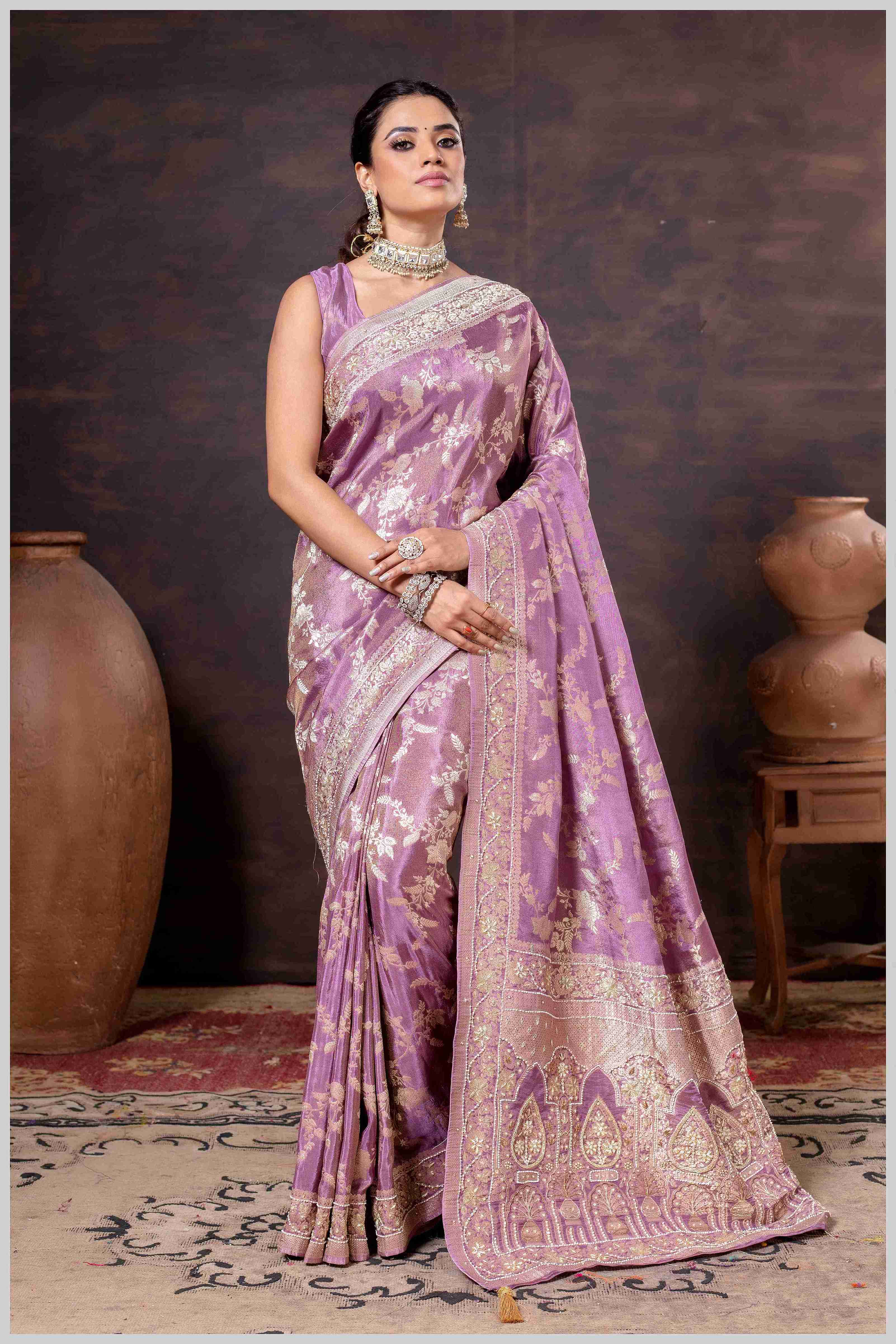 Grace in Bloom: Lavender Tissue Saree with Woven Floral Vines