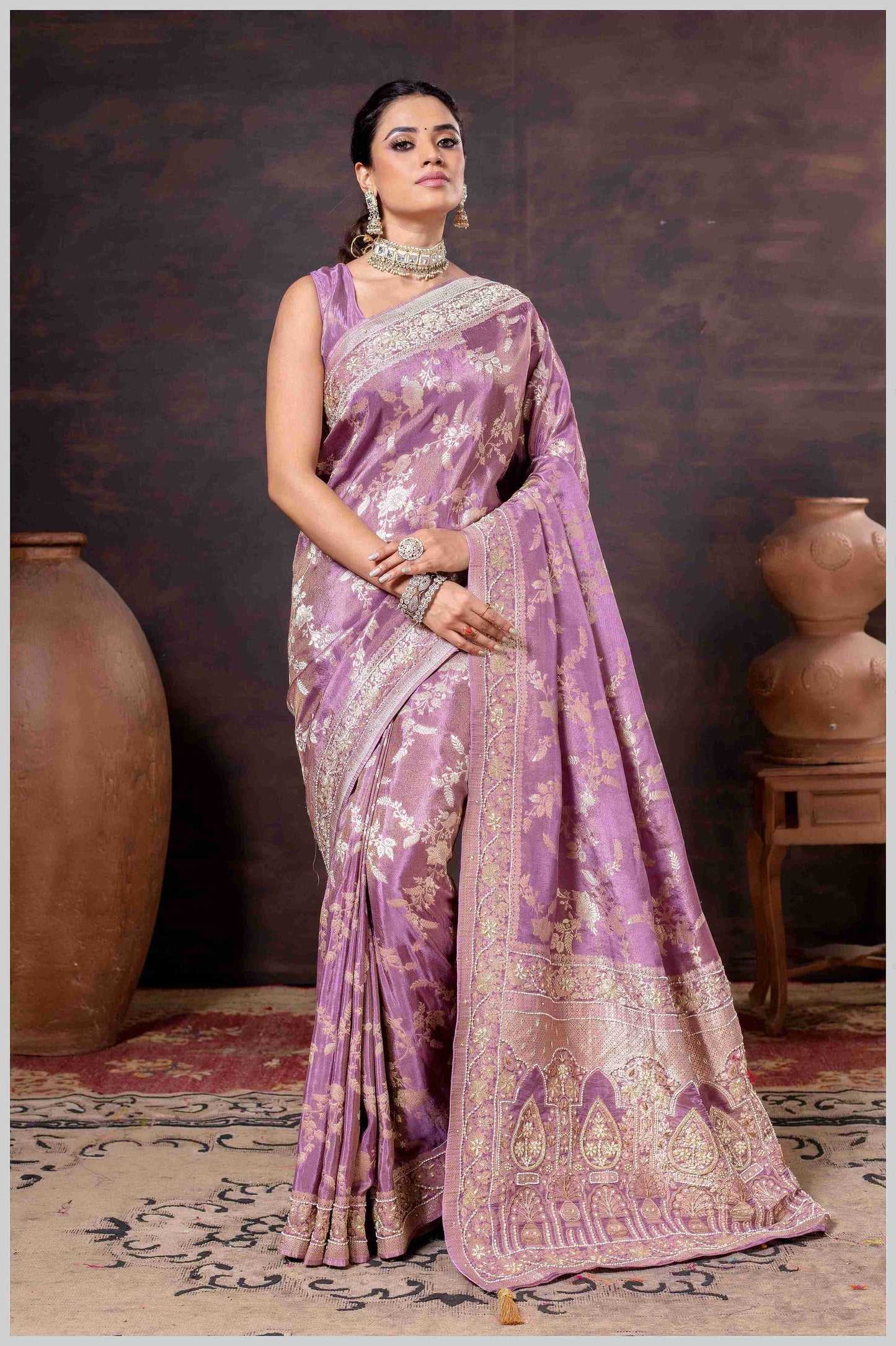 Grace in Bloom: Lavender Tissue Saree with Woven Floral Vines
