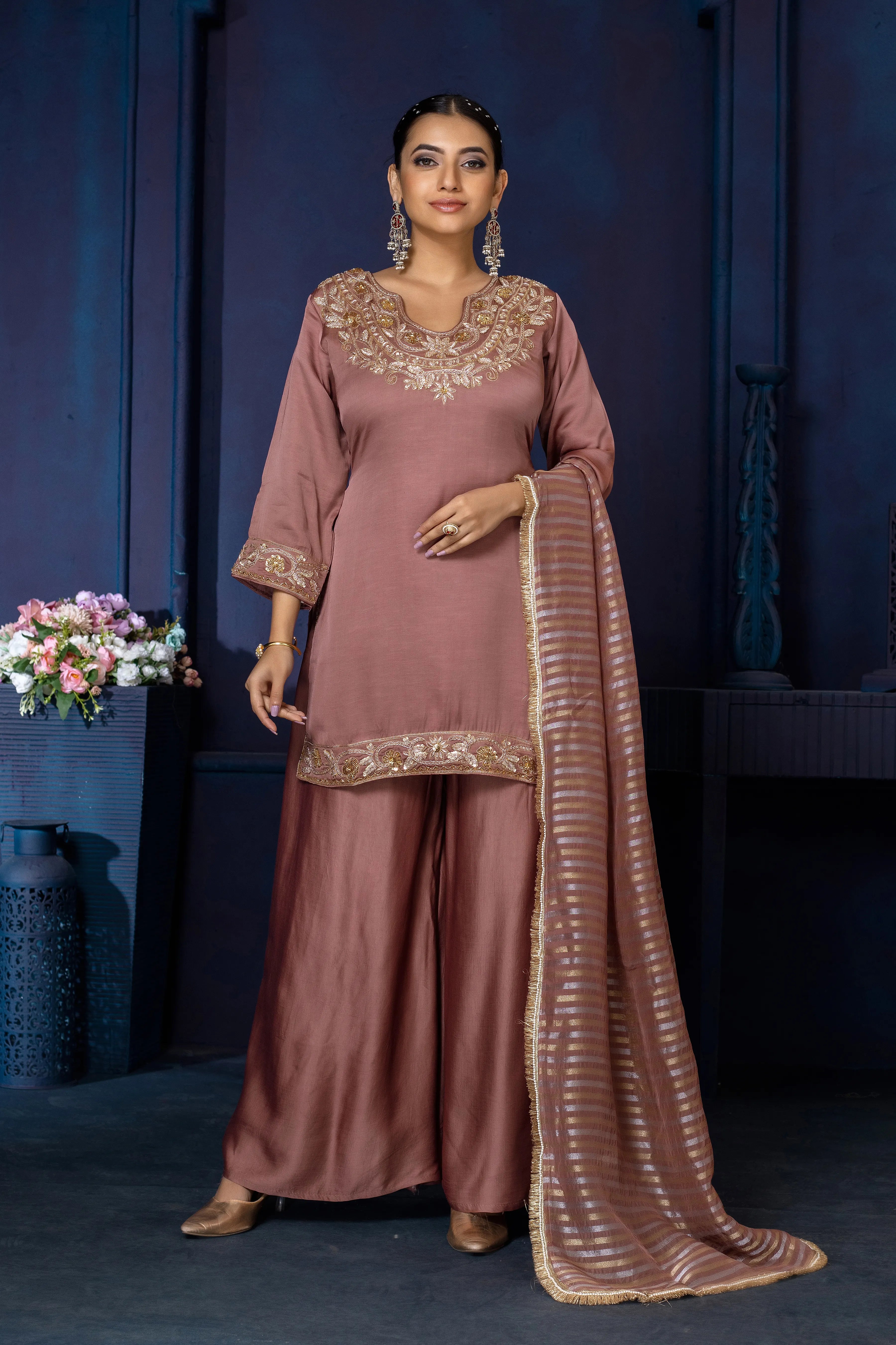 Pure Linen Zardozi Handwork Palazzo Set with Dupatta