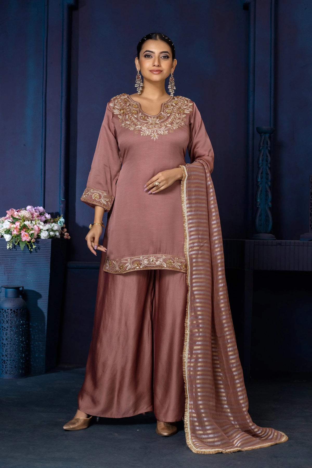 Pure Linen Zardozi Handwork Palazzo Set with Dupatta