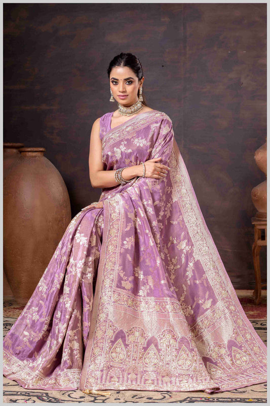 Grace in Bloom: Lavender Tissue Saree with Woven Floral Vines