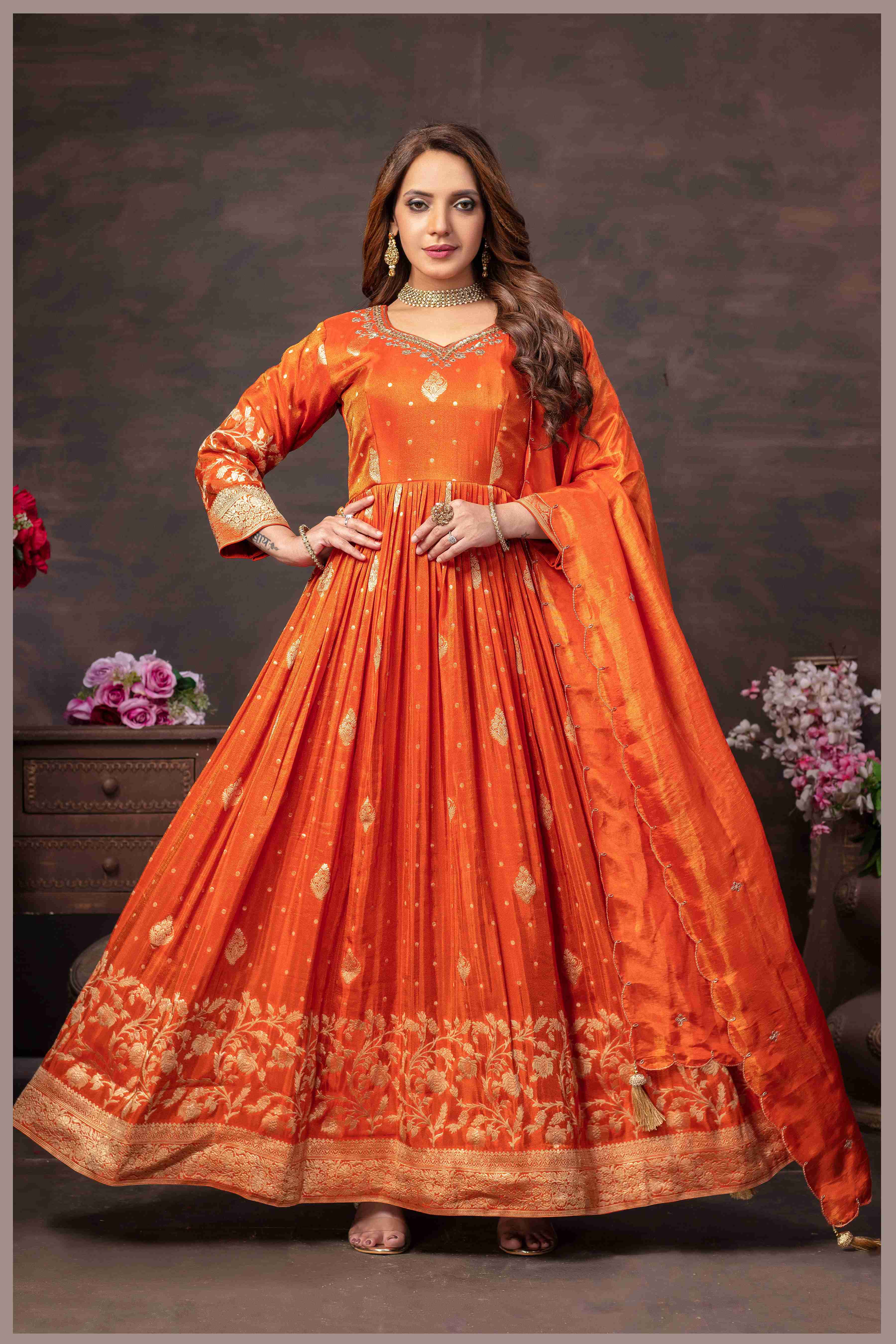 Rust Anarkali with Zari Floral Dupatta
