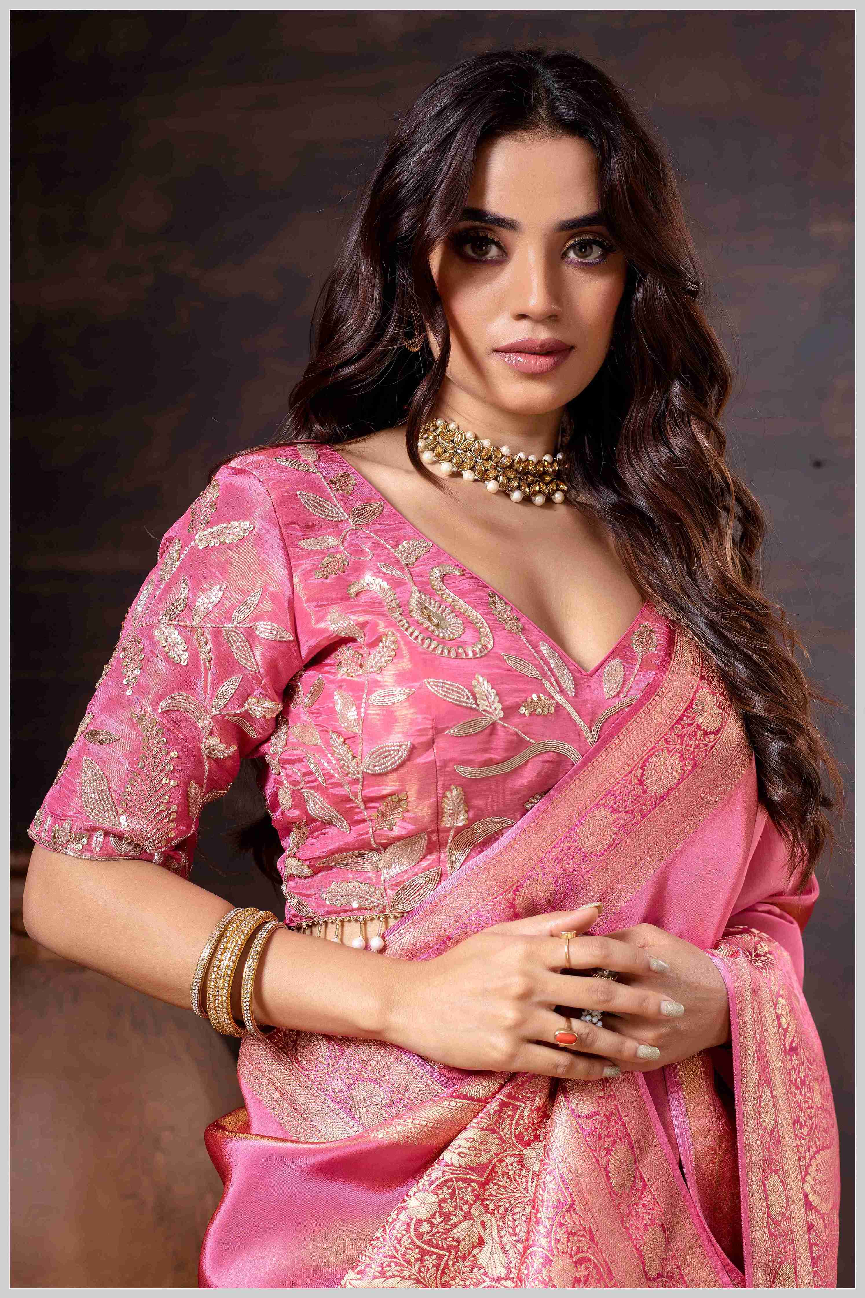 Elegant Pink Designer Tissue Saree with Embellished Blouse.