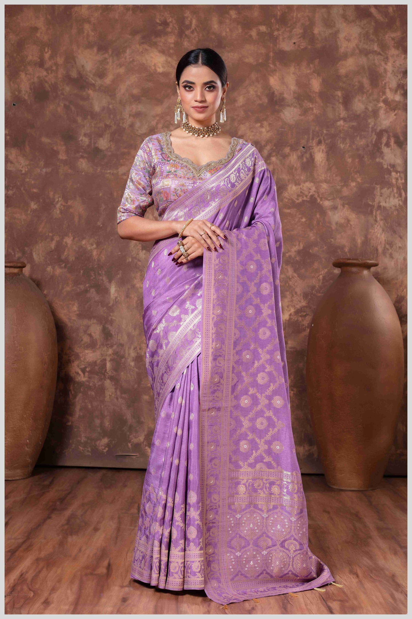 Bluish Purple Banarasi Saree with Intricate Zari Weaving