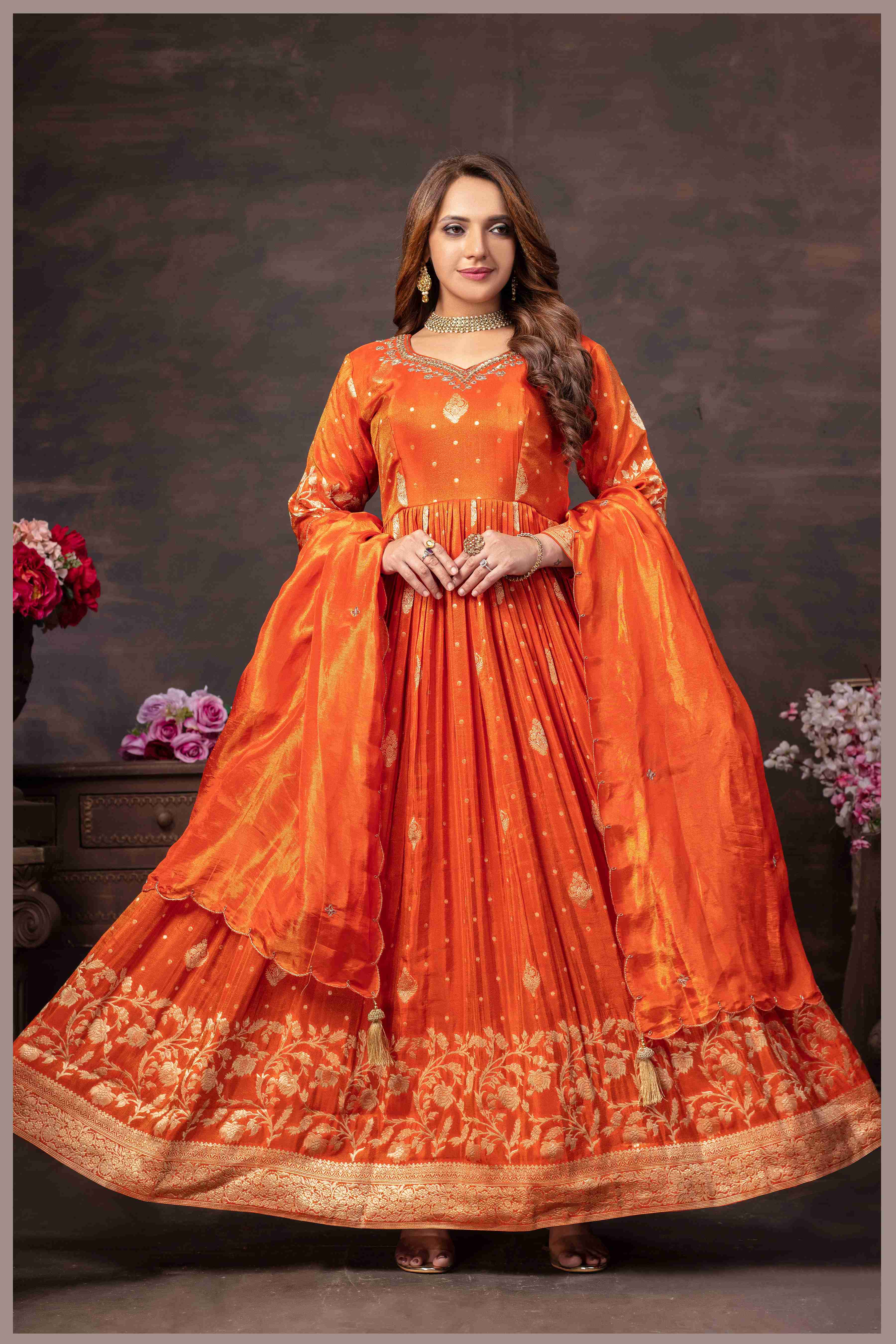Rust Anarkali with Zari Floral Dupatta