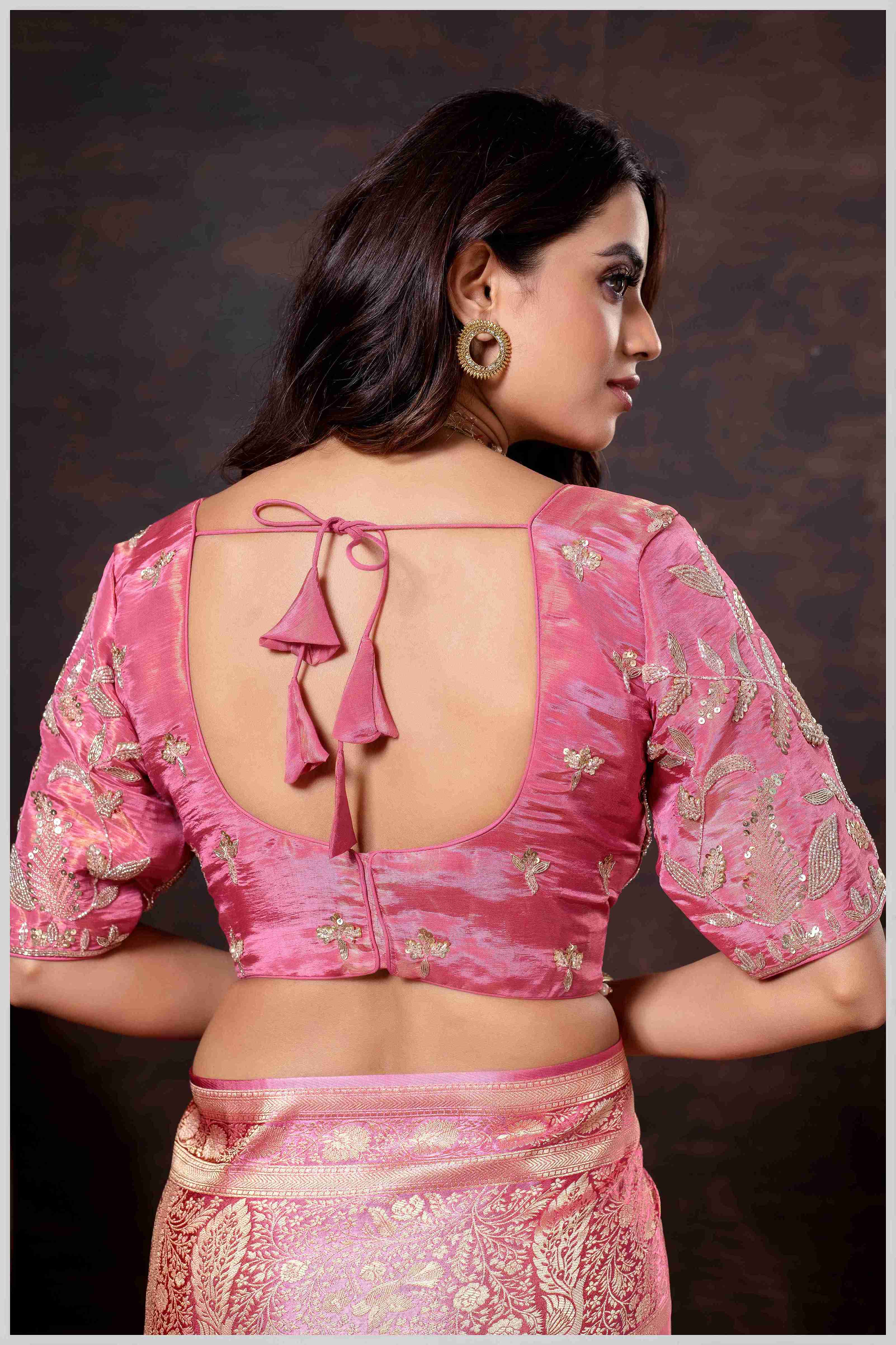 Elegant Pink Designer Tissue Saree with Embellished Blouse.