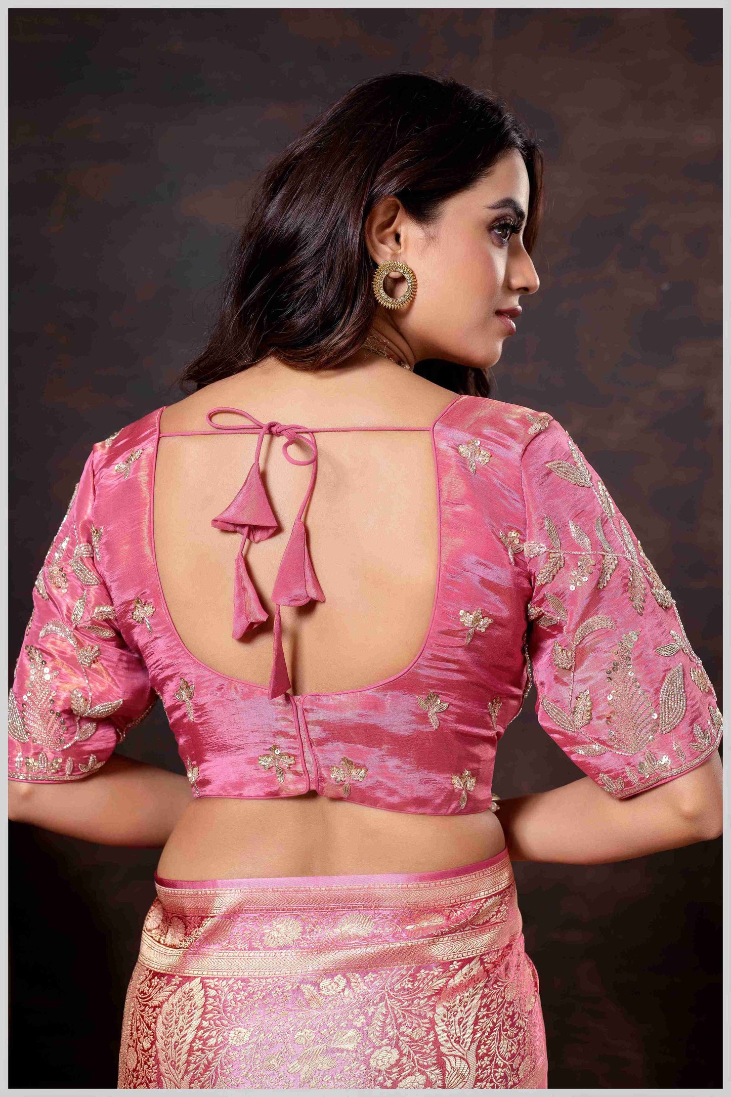 Elegant Pink Designer Tissue Saree with Embellished Blouse.