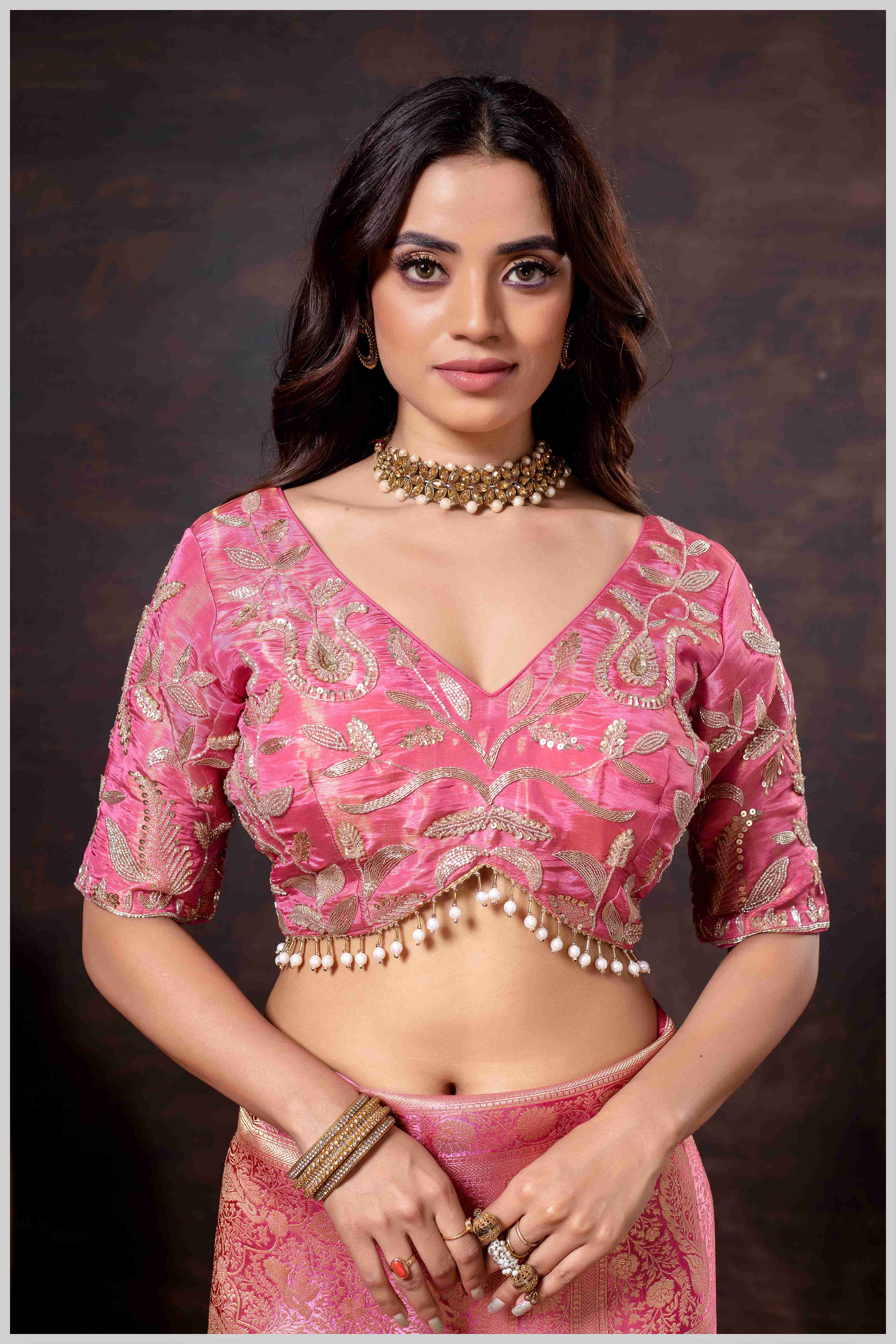 Elegant Pink Designer Tissue Saree with Embellished Blouse.