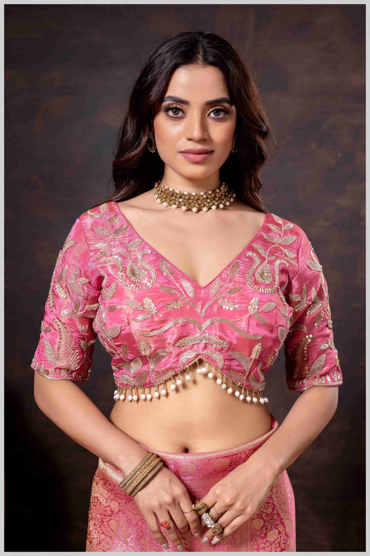 Elegant Pink Designer Tissue Saree with Embellished Blouse.