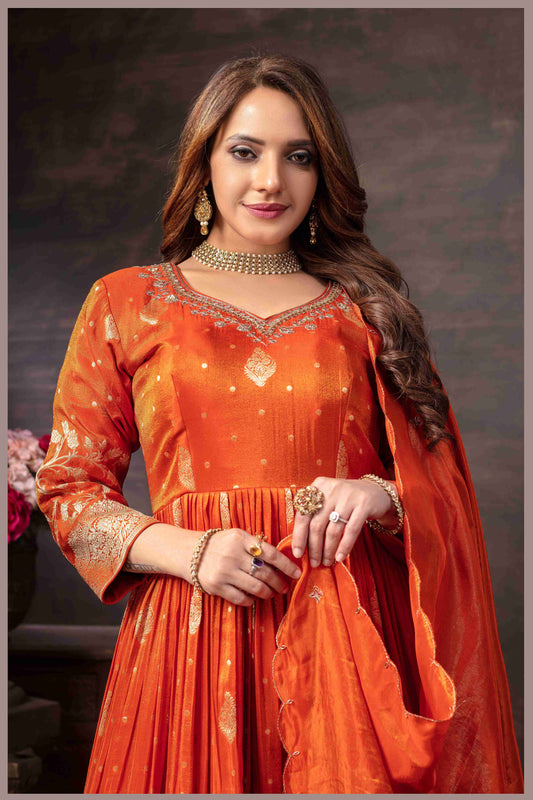 Rust Anarkali with Zari Floral Dupatta